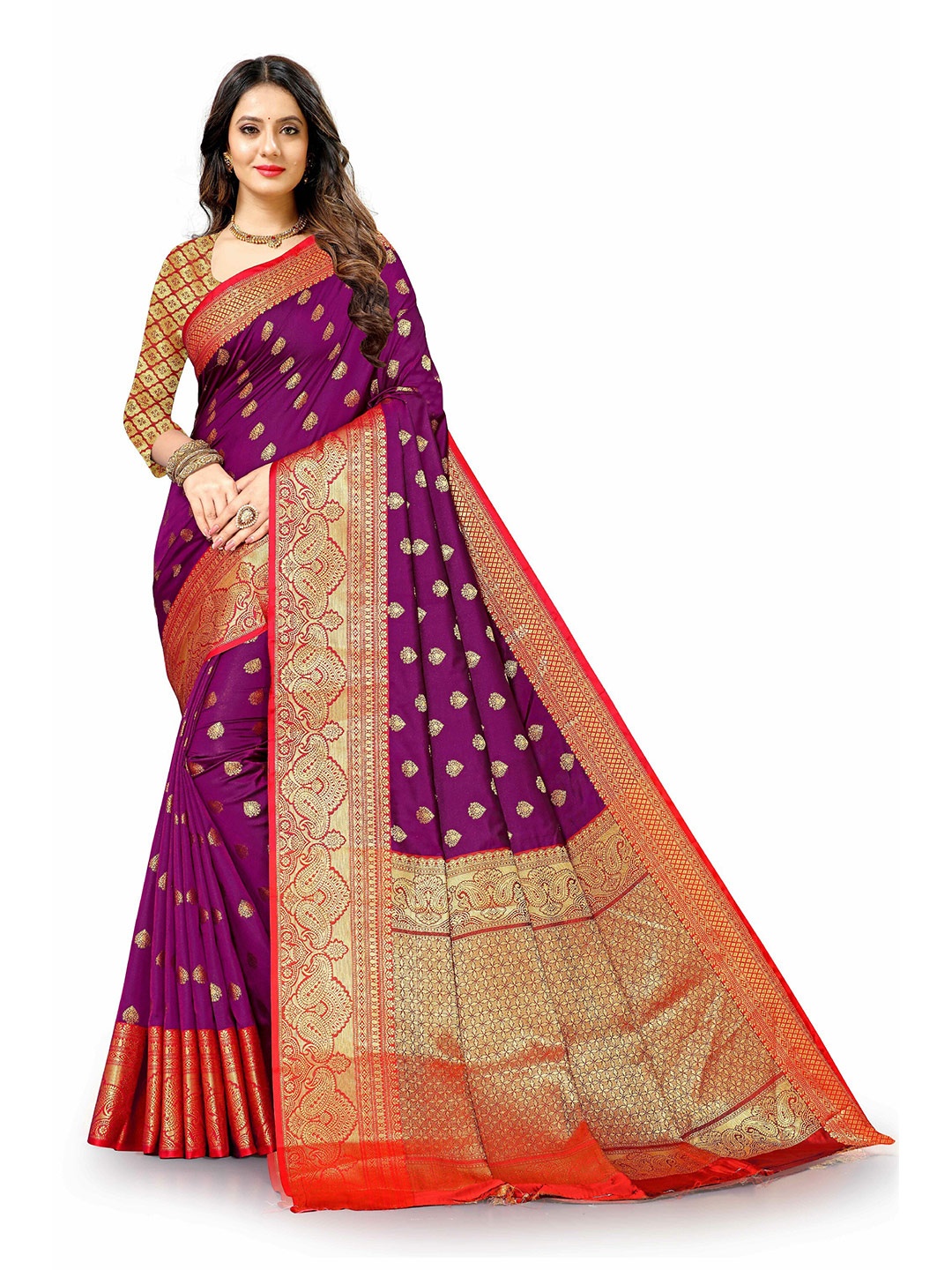 

CLEMIRA Ethnic Motifs Woven Design Zari Silk Blend Saree, Purple
