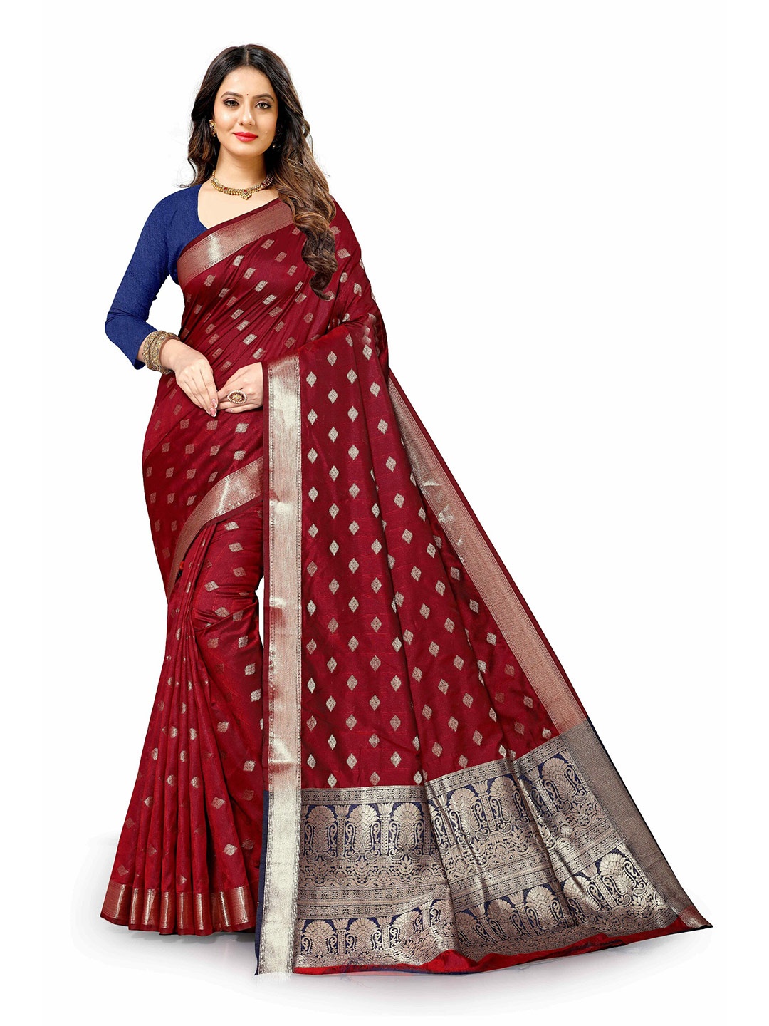 

CLEMIRA Geometric Woven Design Zari Saree, Maroon