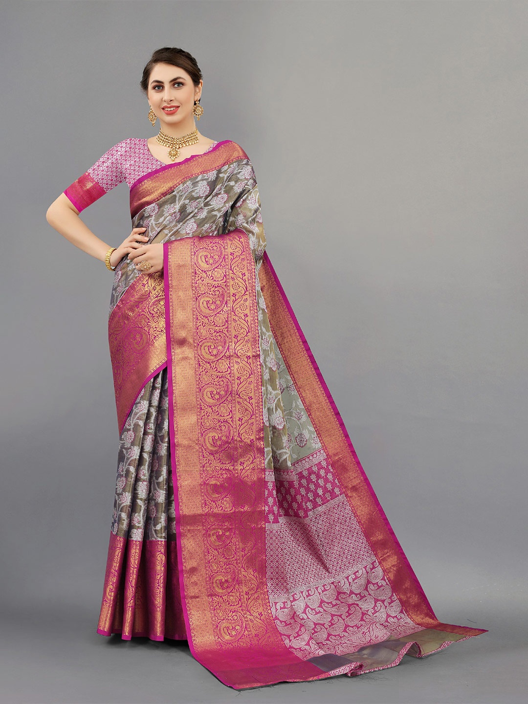 

CLEMIRA Floral Print Woven Design Zari Silk Blend Saree, Pink