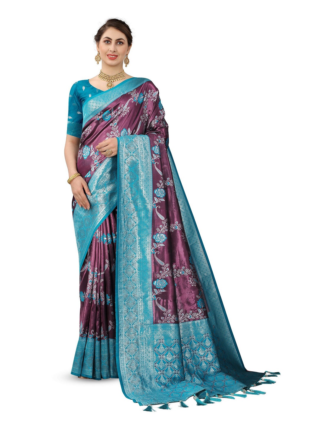 

CLEMIRA Floral Woven Design Zari Saree, Turquoise blue