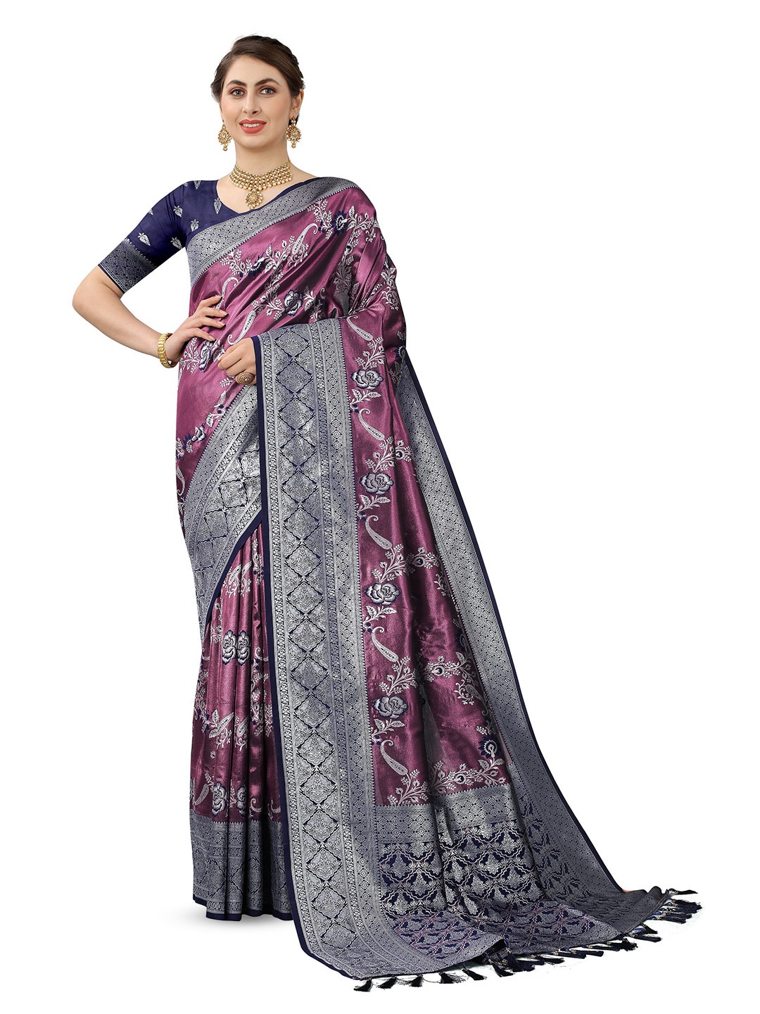 

CLEMIRA Floral Woven Design Zari Saree, Navy blue