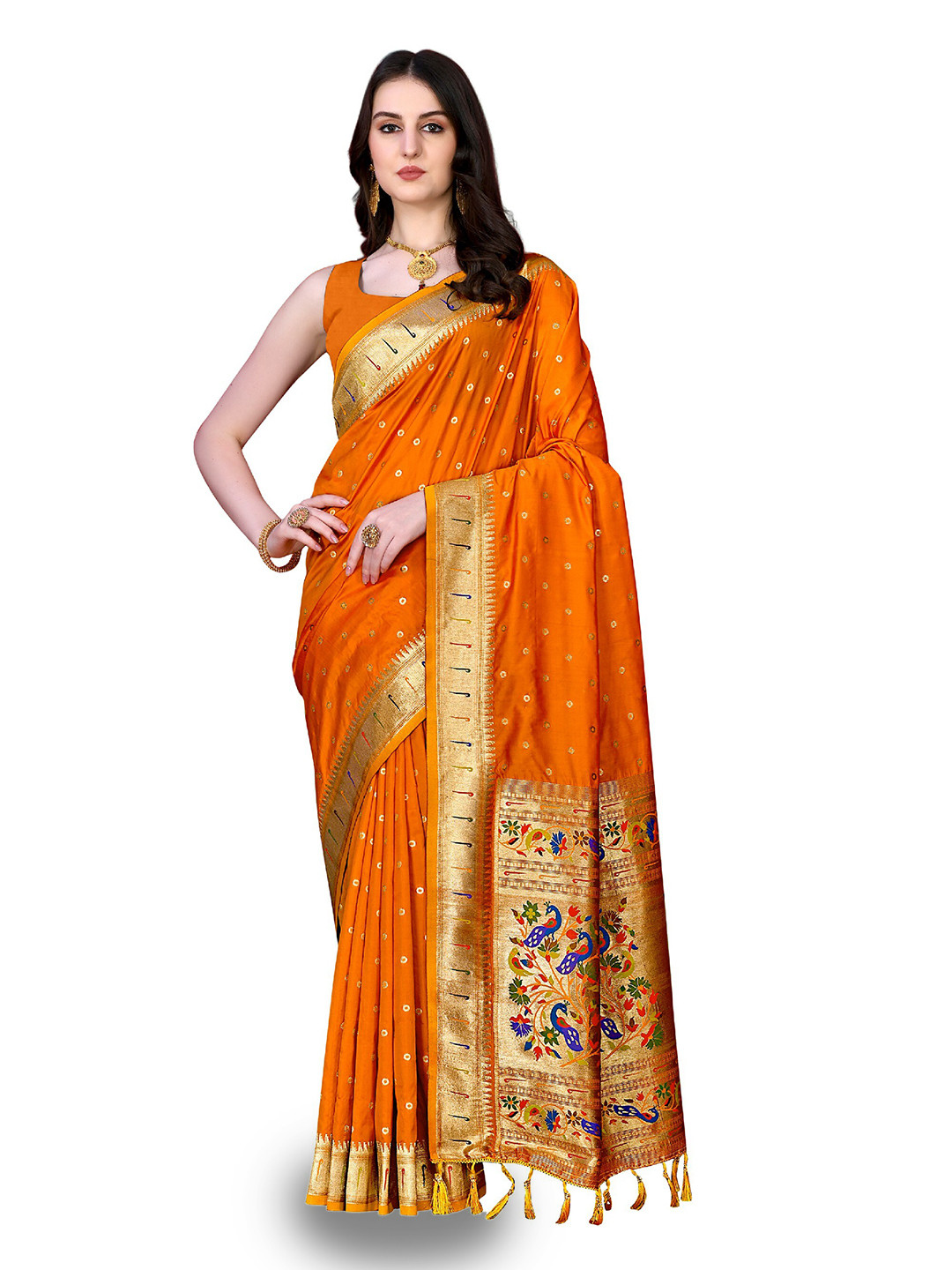 

CLEMIRA Ethnic Motifs Woven Design Zari Saree, Orange