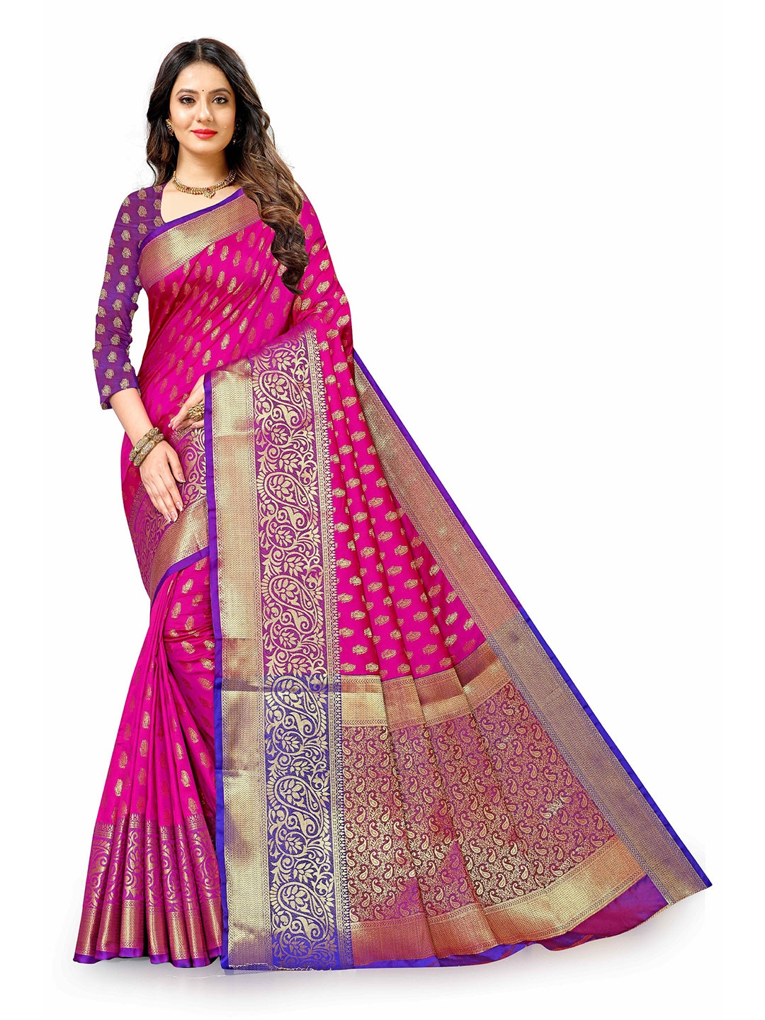 

CLEMIRA Ethnic Motifs Woven Design Zari Silk Blend Saree, Pink