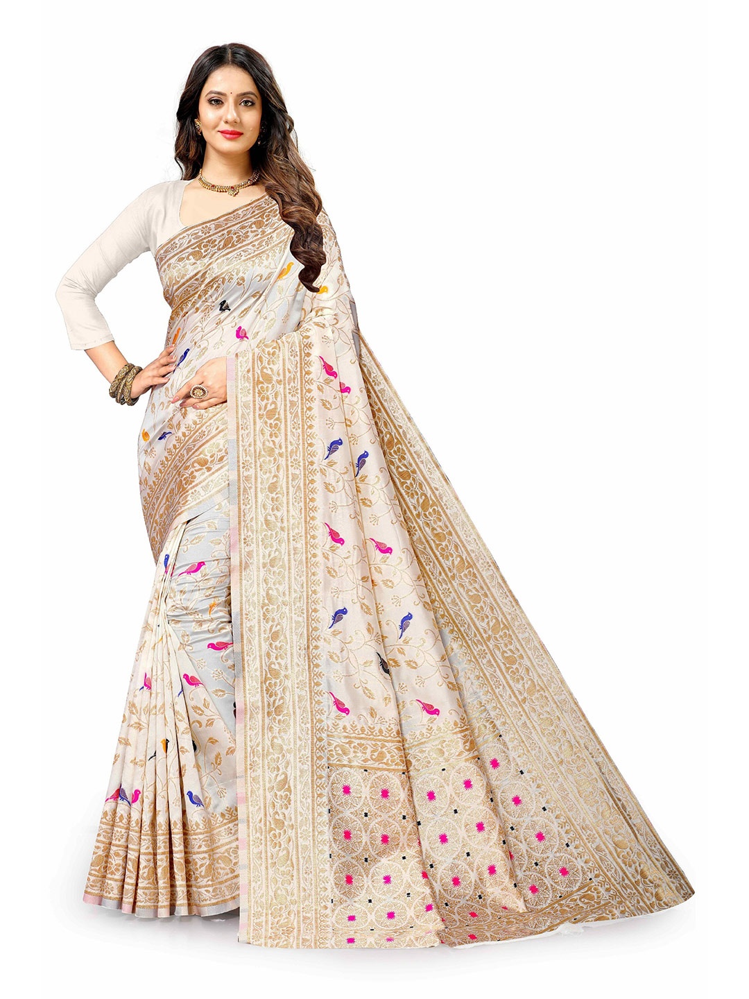 

CLEMIRA Woven Design Zari Saree, Cream