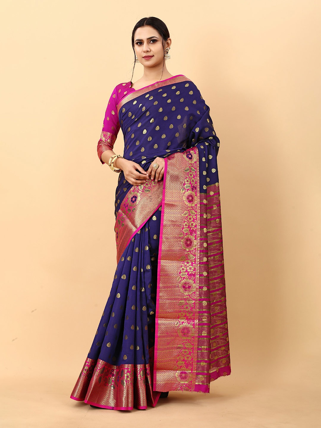 

CLEMIRA Ethnic Motifs Woven Design Zari Silk Blend Saree, Navy blue