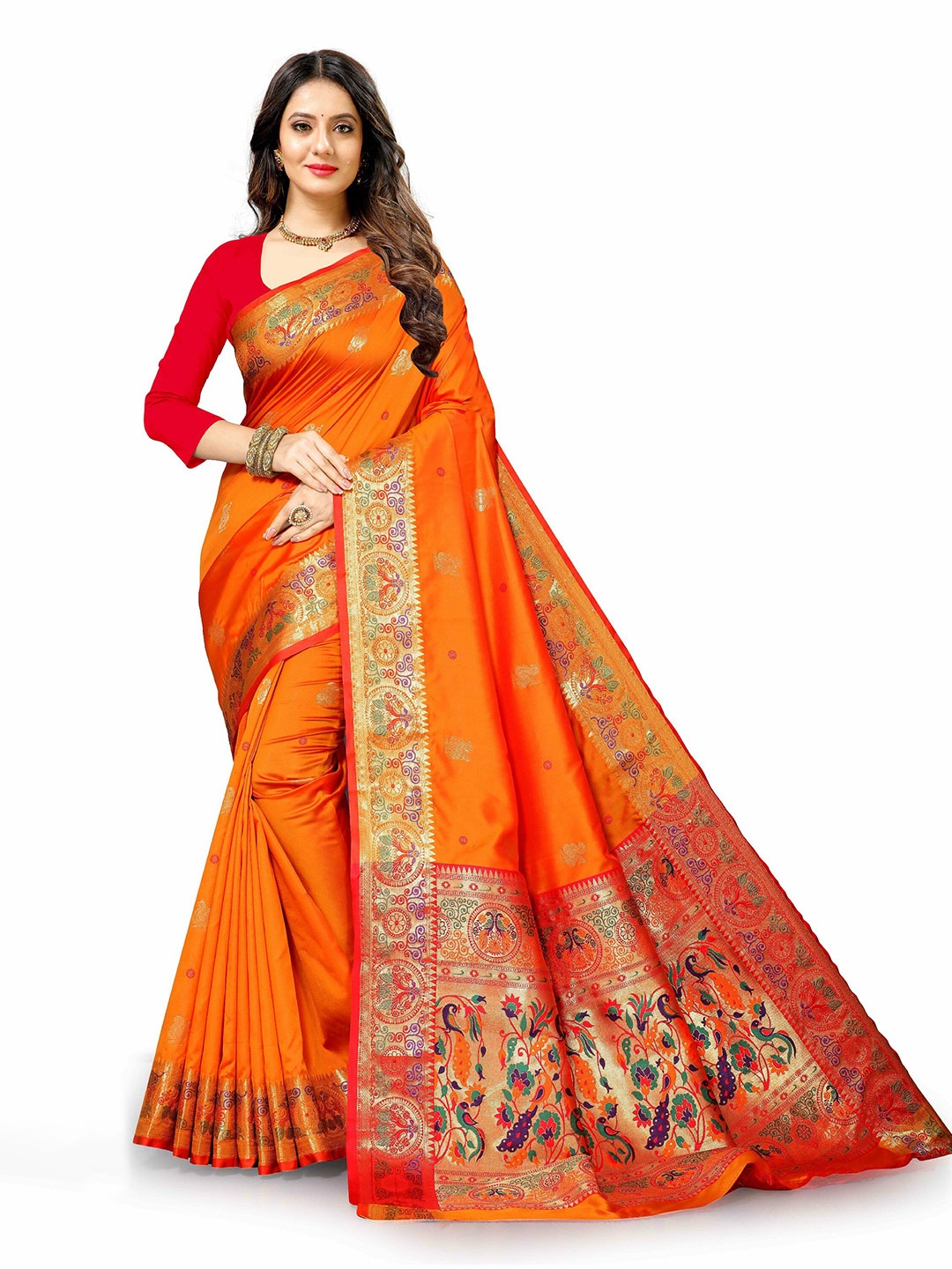 

CLEMIRA Ethnic Motif Woven Design Zari Silk Blend Saree, Orange