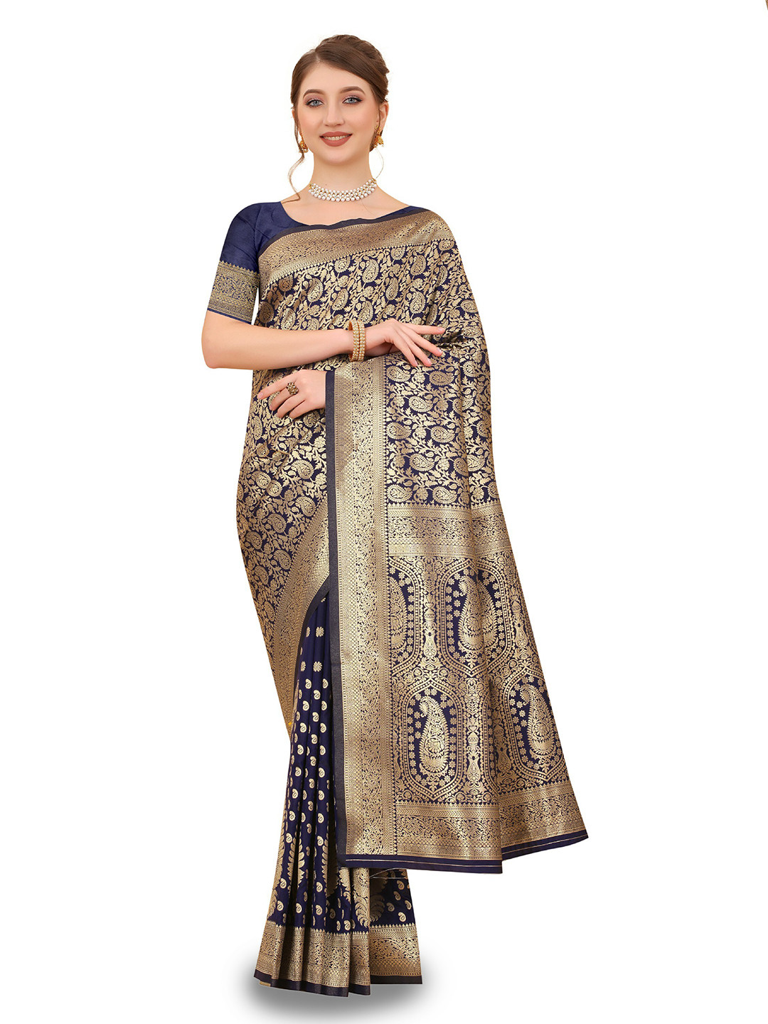 

CLEMIRA Ethnic Motifs Woven Design Zari Saree, Navy blue