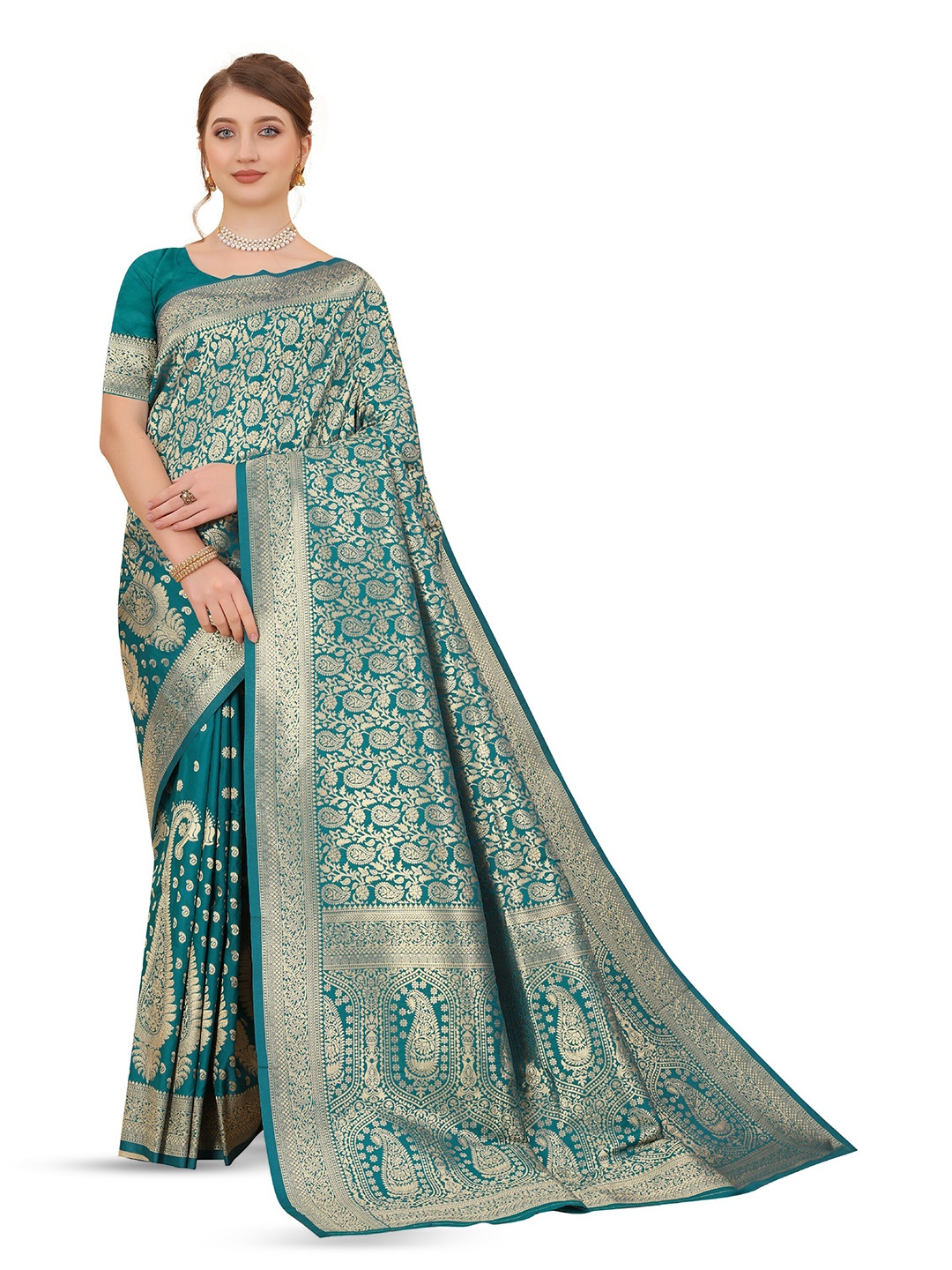 

CLEMIRA Woven Design Zari Saree, Teal