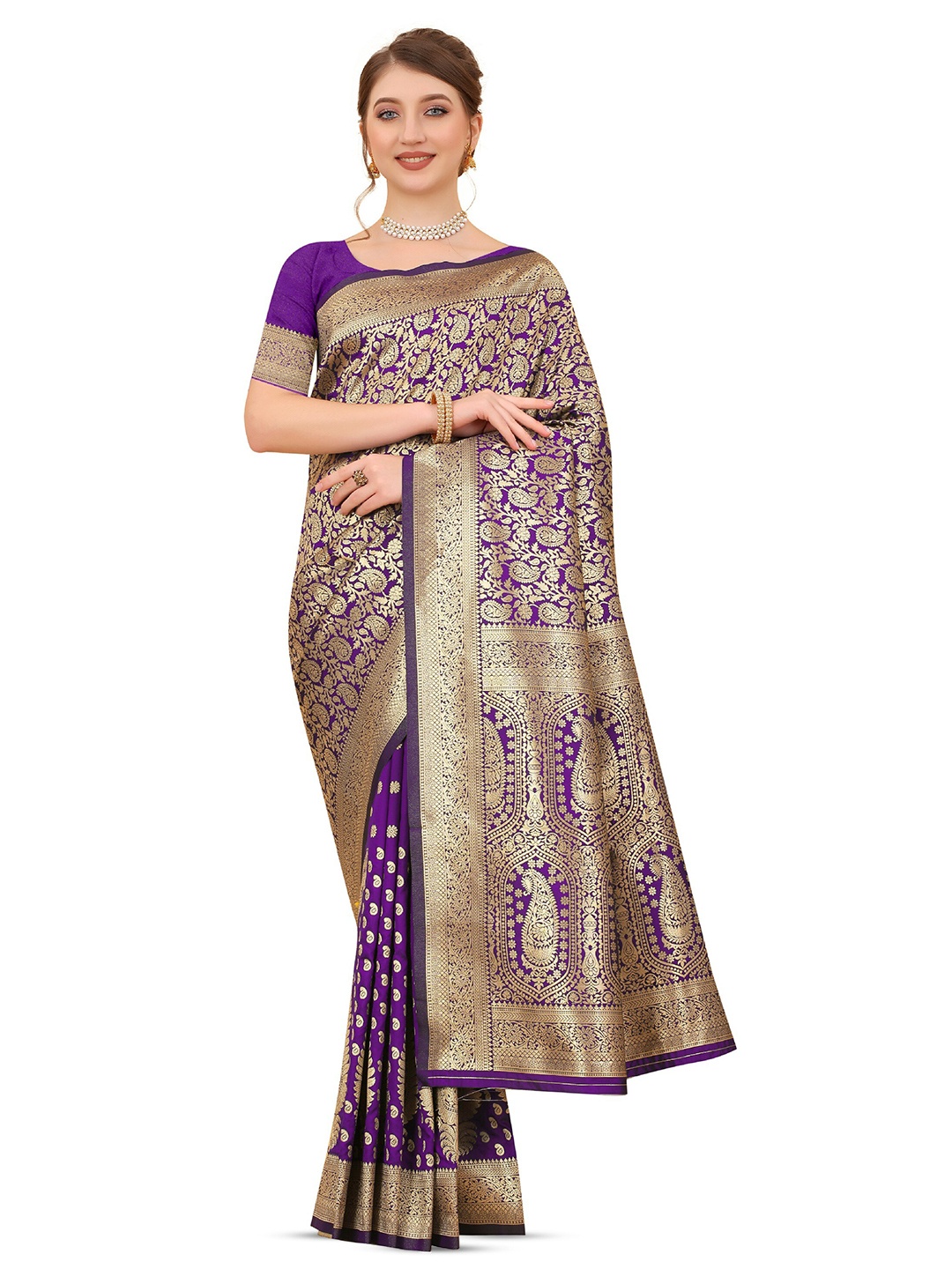 

CLEMIRA Ethnic Motifs Woven Design Zari Silk Blend Saree, Purple