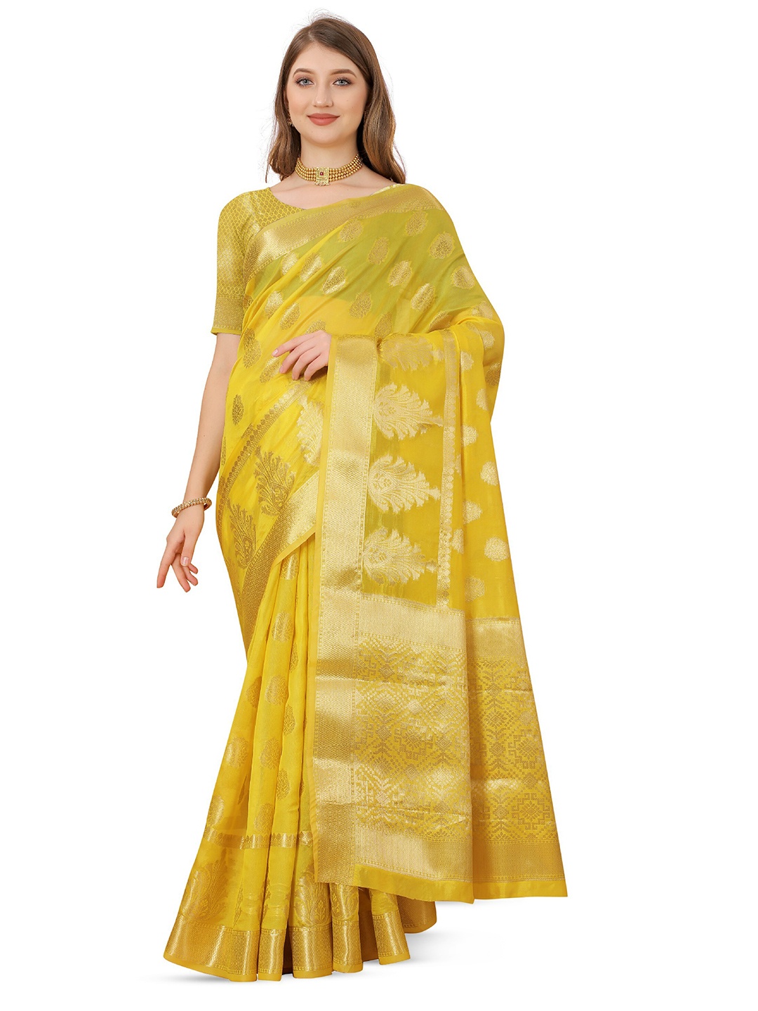 

CLEMIRA Woven Design Zari Saree, Yellow