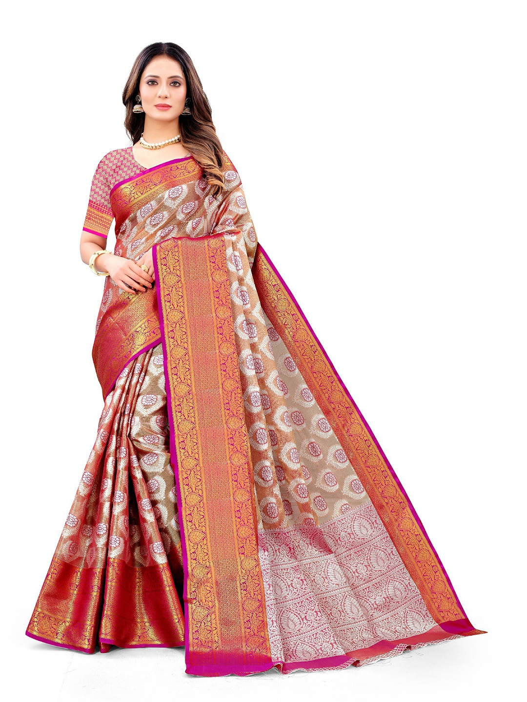 

CLEMIRA Woven Design Zari Saree, Pink