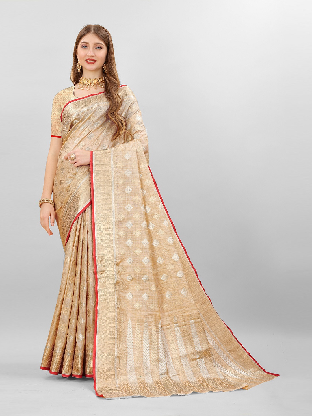 

CLEMIRA Woven Design Zari Saree, Beige