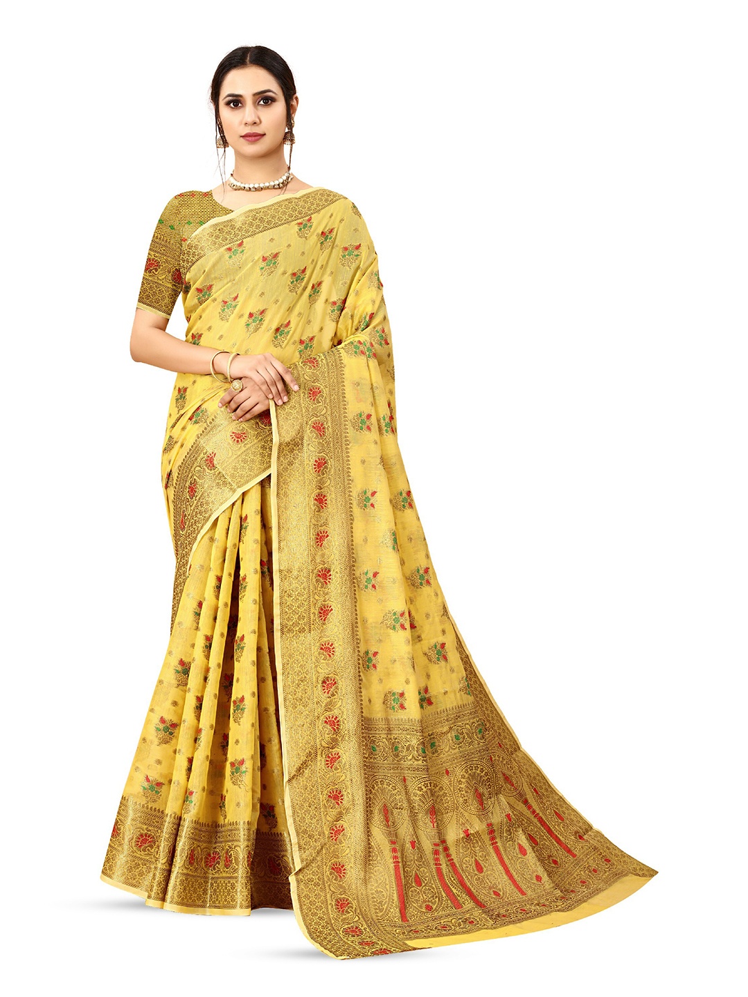 

CLEMIRA Woven Design Zari Saree, Yellow