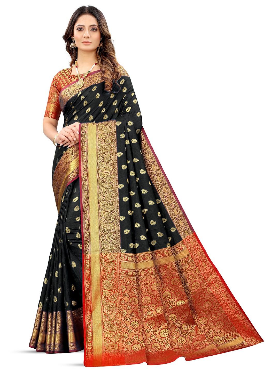 

CLEMIRA Woven Design Zari Saree, Black