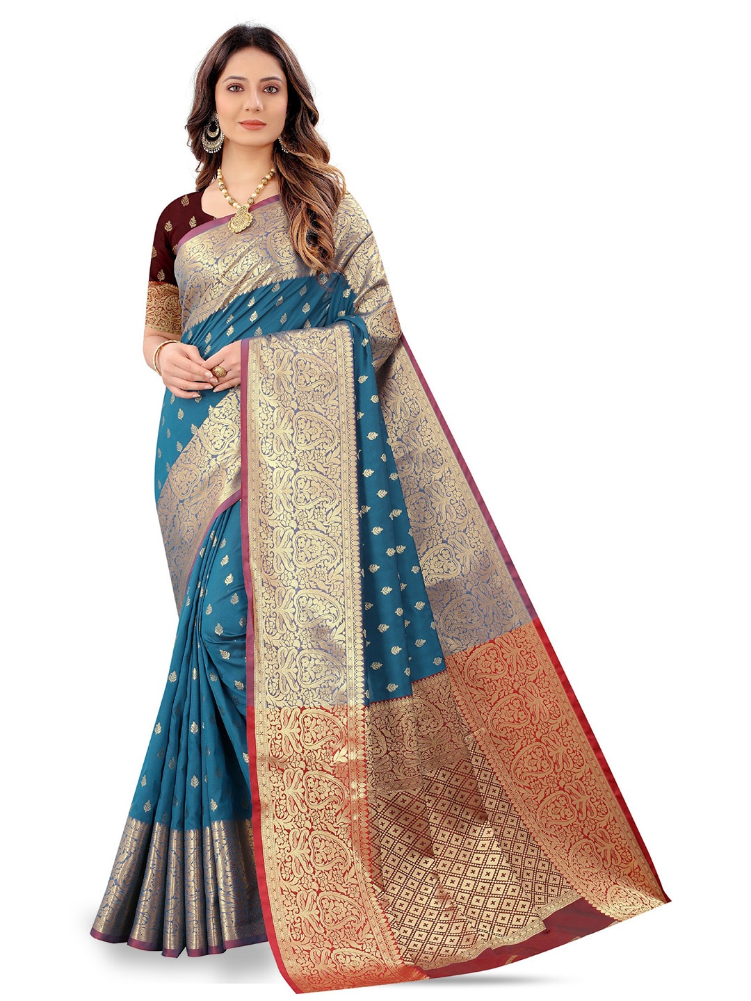 

CLEMIRA Woven Design Zari Saree, Turquoise blue