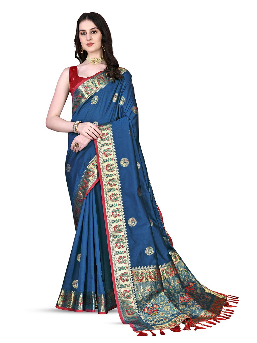 

CLEMIRA Ethnic Motifs Woven Design Zari Saree, Navy blue