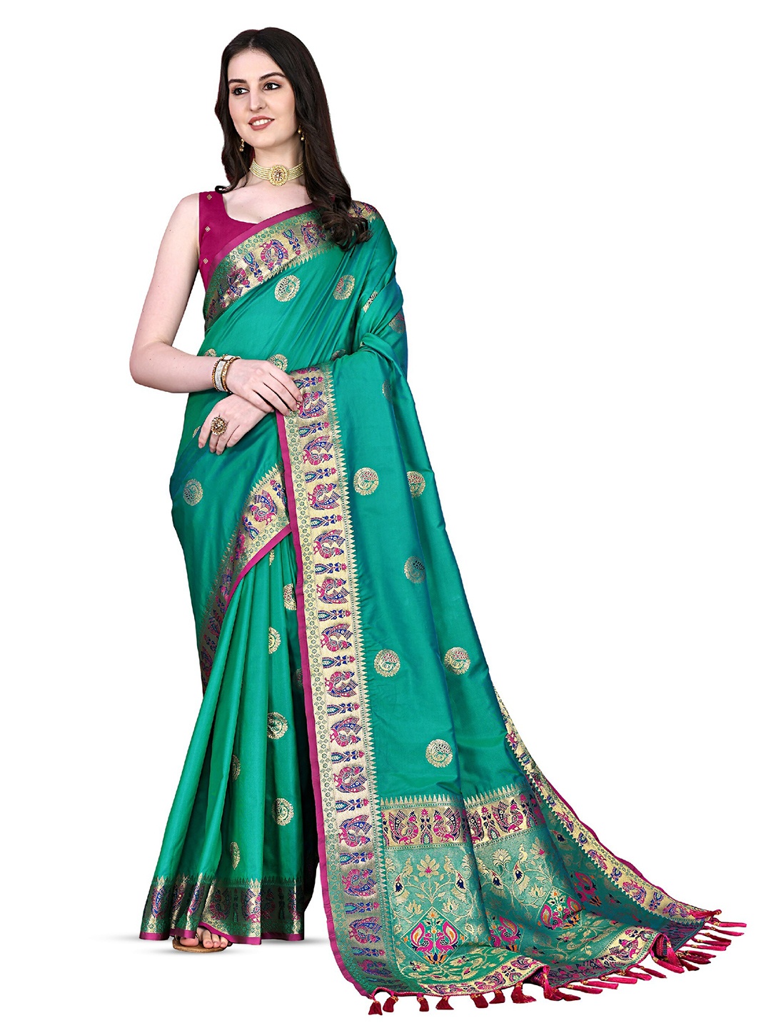 

CLEMIRA Ethnic Motifs Woven Design Zari Saree, Turquoise blue