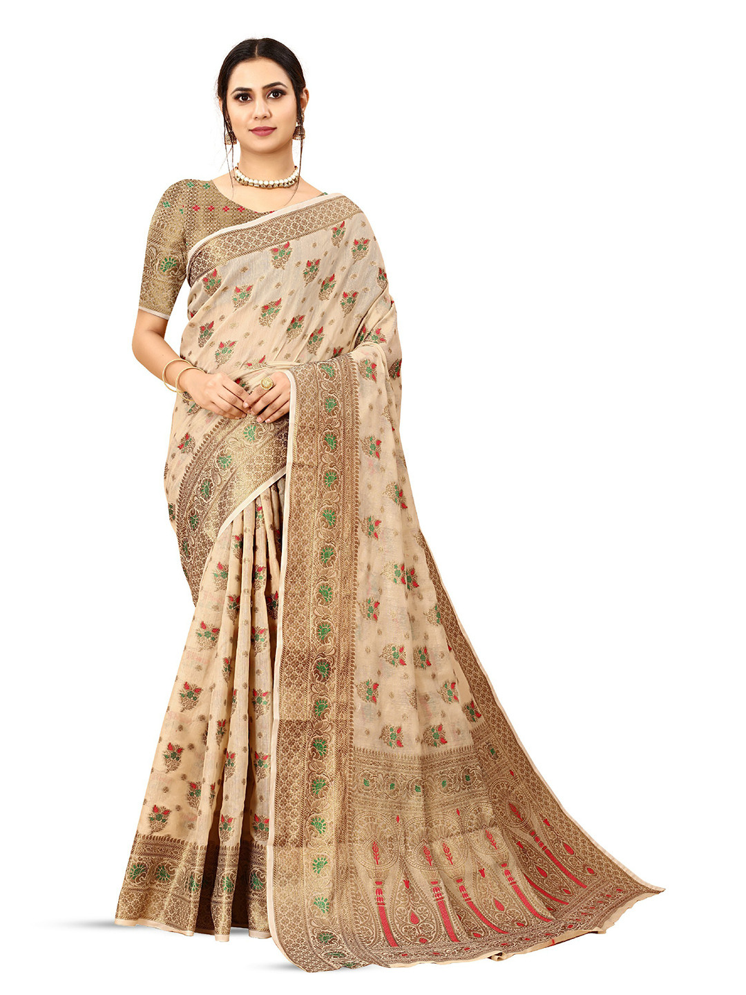 

CLEMIRA Woven Design Zari Saree, Beige