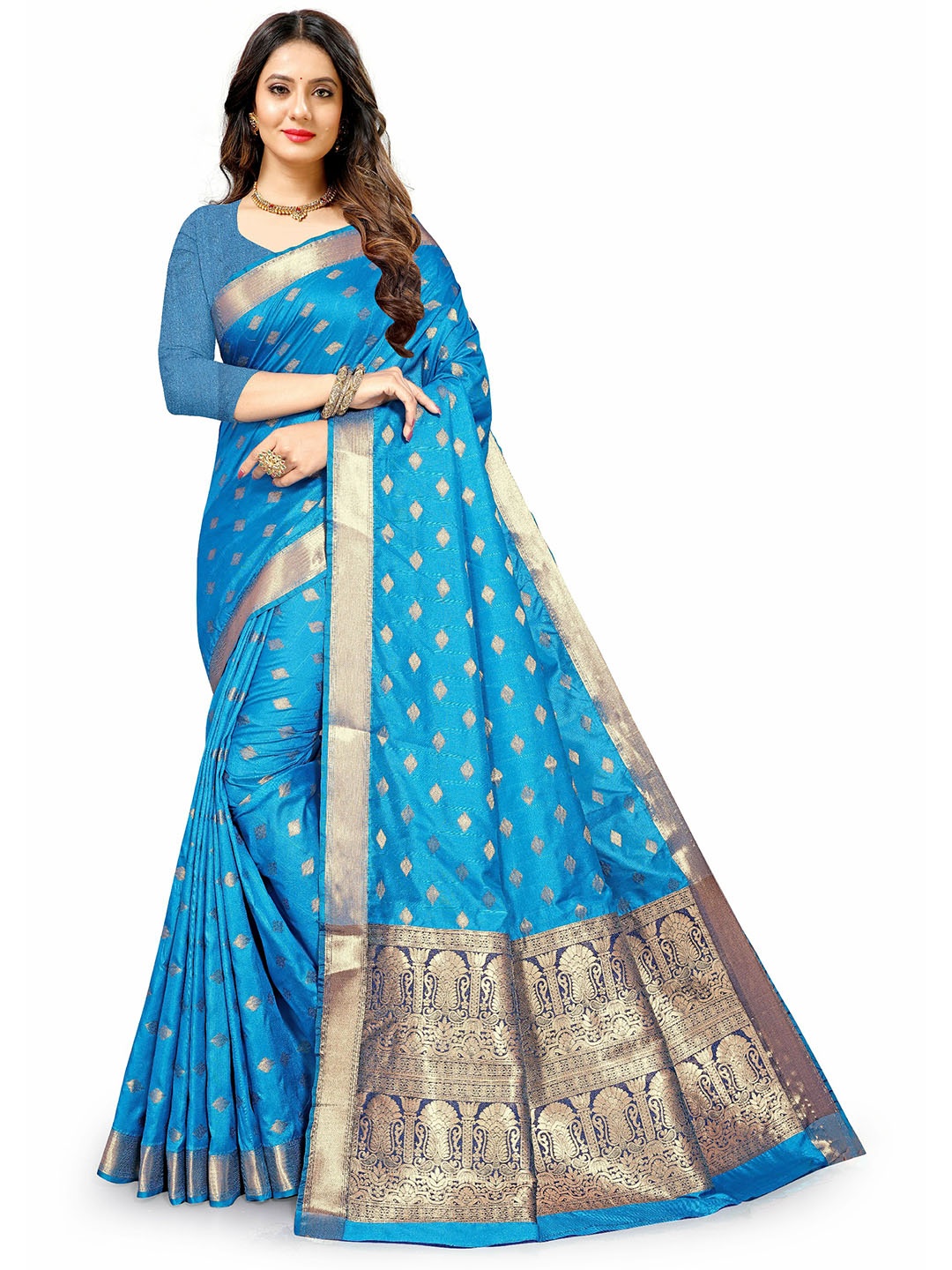 

CLEMIRA Ethnic Motifs Woven Design Zari Saree, Turquoise blue