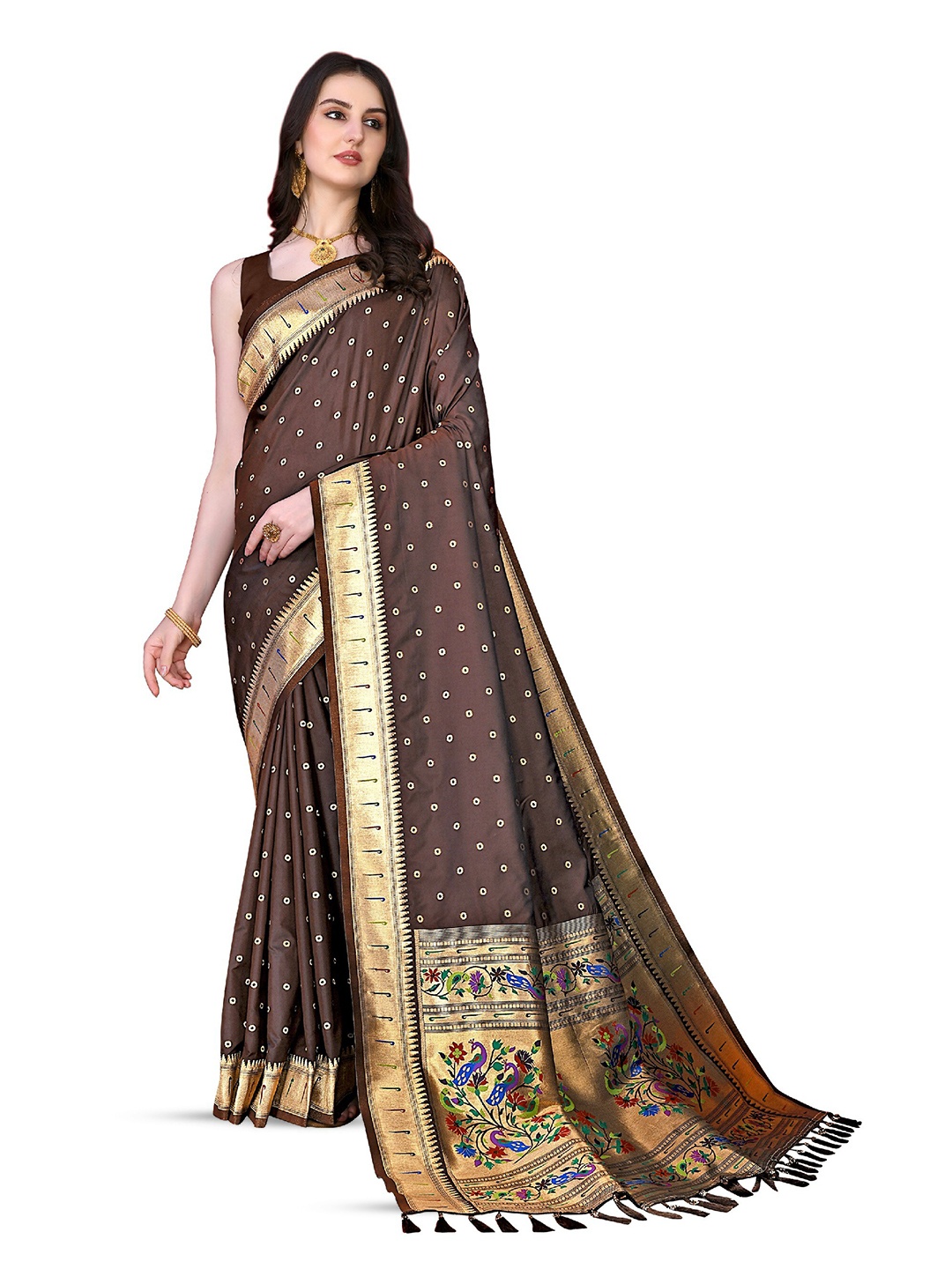 

CLEMIRA Ethnic Motifs Woven Design Zari Silk Blend Saree, Coffee brown