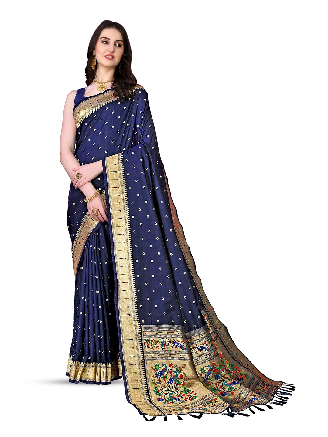 

CLEMIRA Ethnic Motifs Woven Design Zari Silk Blend Saree, Navy blue