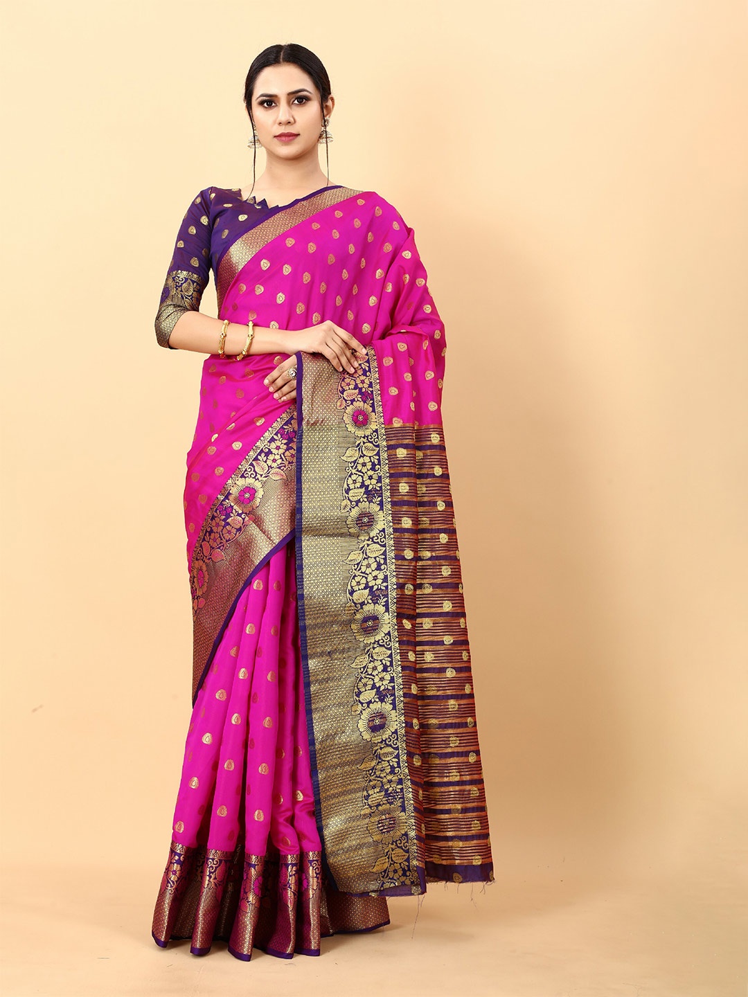 

CLEMIRA Floral Woven Design Zari Silk Blend Saree, Pink