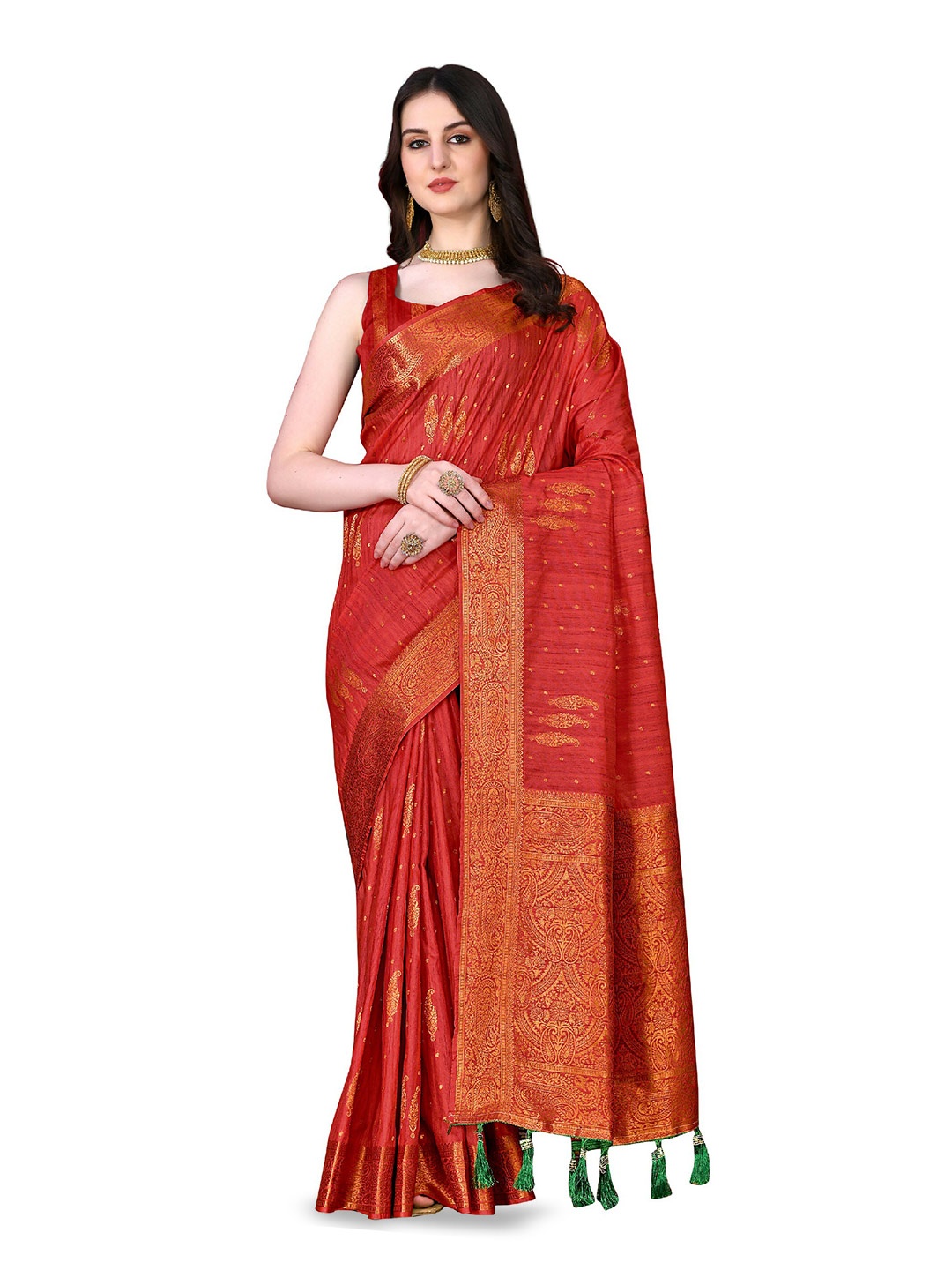 

CLEMIRA Paisley Woven Design Zari Saree, Red