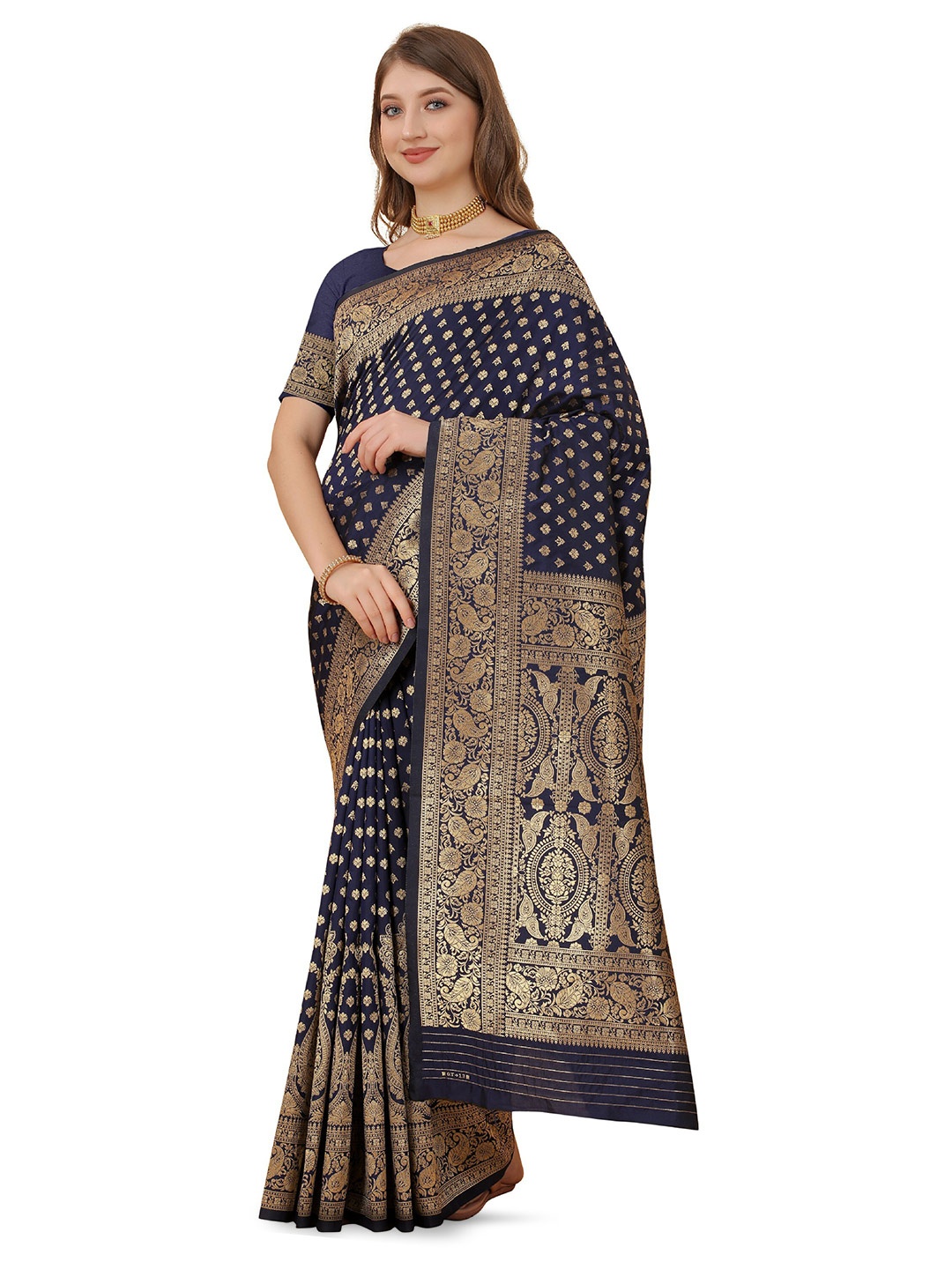 

CLEMIRA Ethnic Motifs Woven Design Zari Saree, Navy blue