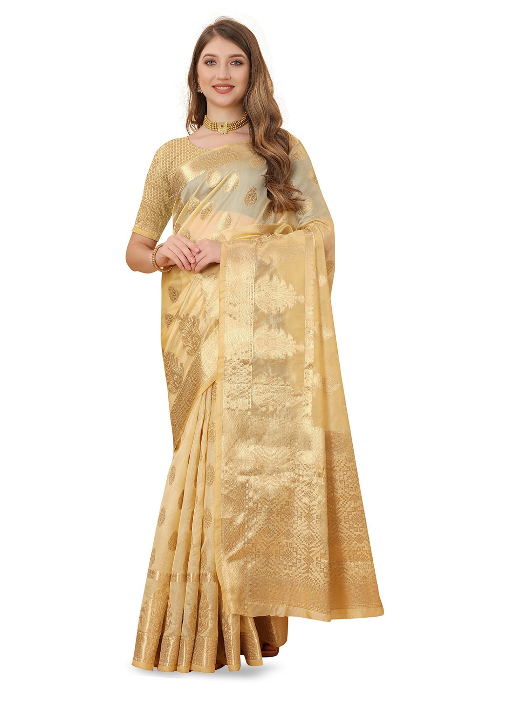

CLEMIRA Woven Design Zari Silk Blend Saree, Beige