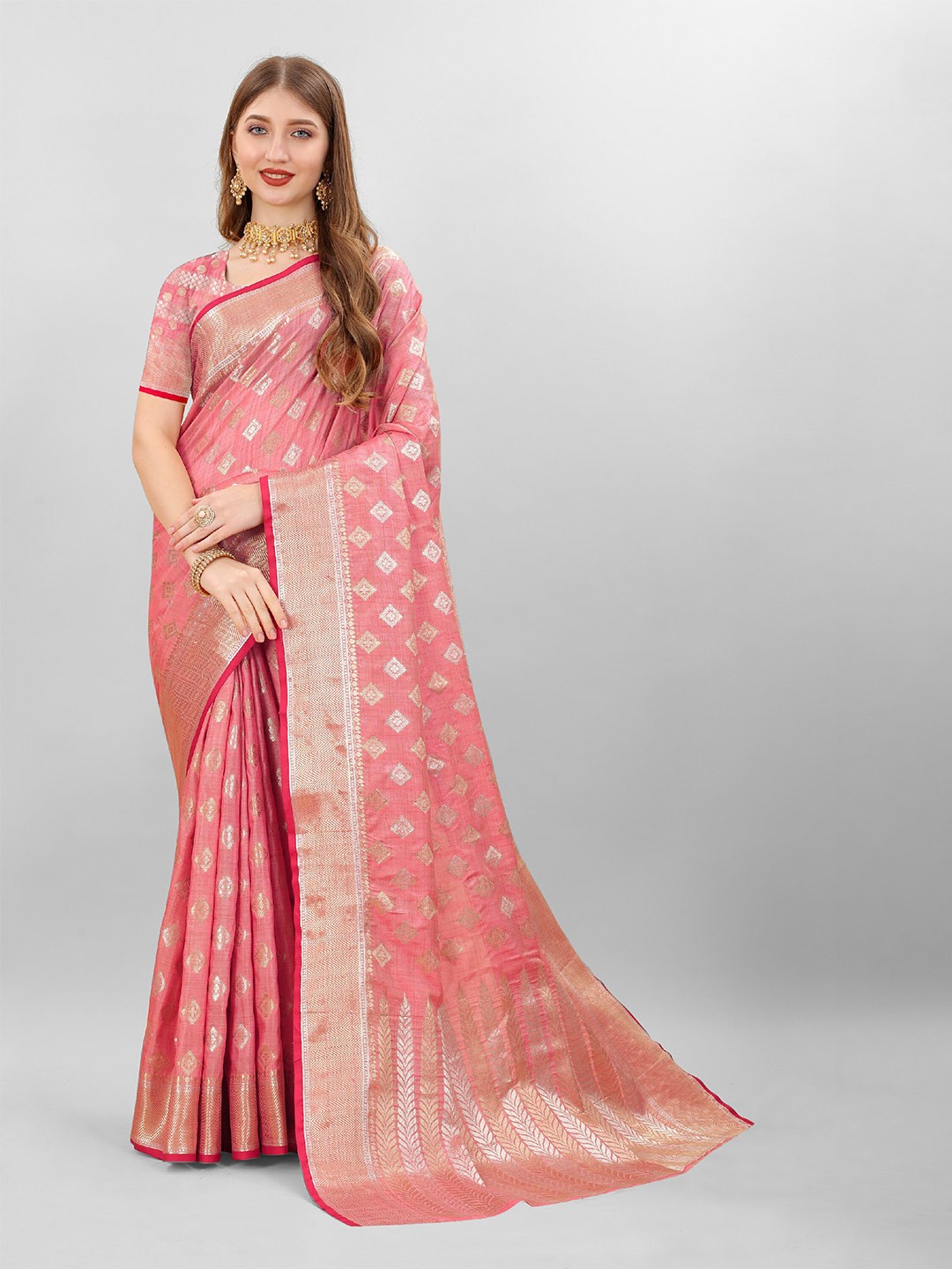 

CLEMIRA Ethnic Motifs Woven Design Zari Saree, Pink