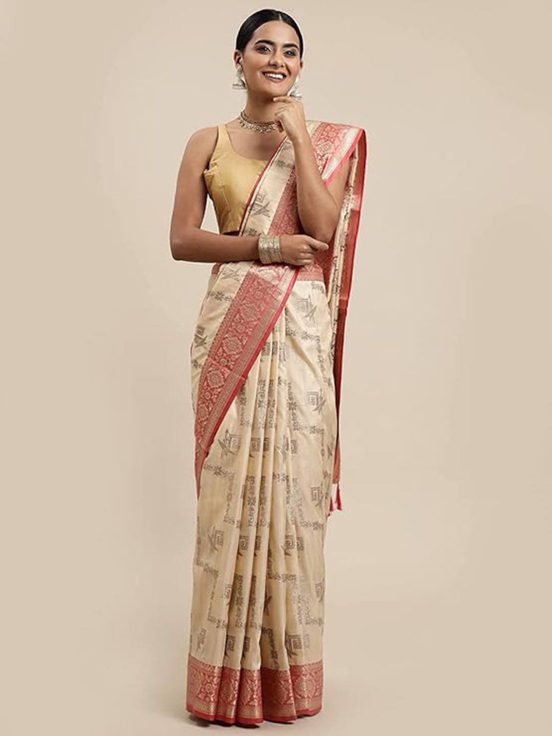 

CLEMIRA Woven Design Zari Saree, Cream