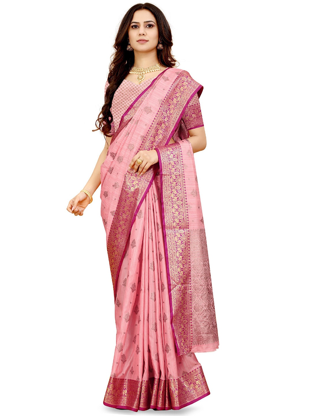 

CLEMIRA Woven Design Zari Silk Blend Saree, Pink