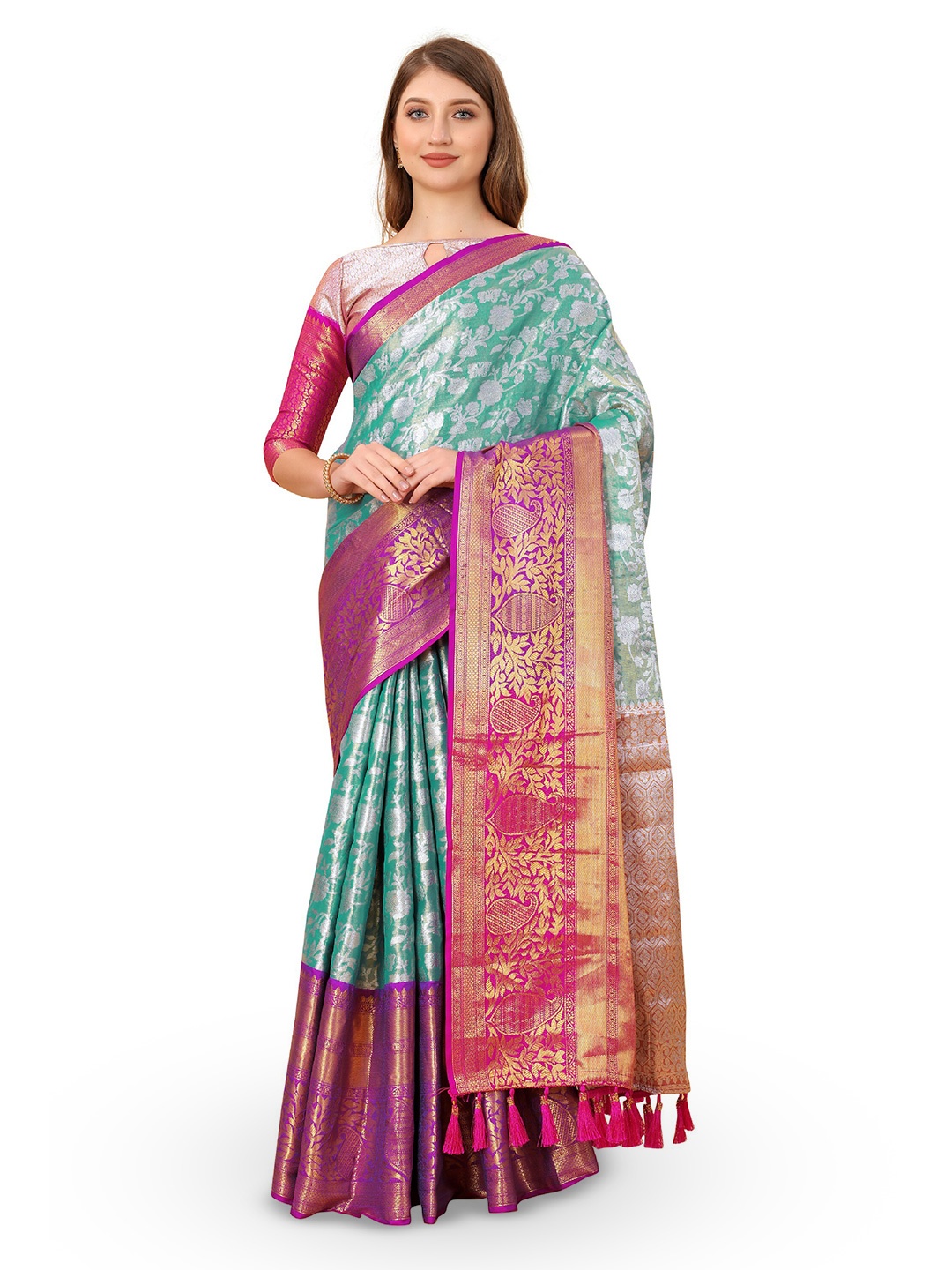 

CLEMIRA Floral Woven Design Zari Saree, Turquoise blue