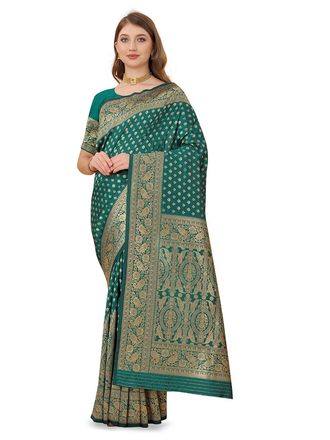 

CLEMIRA Ethnic Motifs Woven Design Zari Silk Blend Saree, Teal