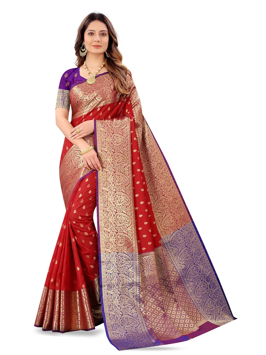 

CLEMIRA Red & Blue Woven Design Zari Silk Blend Saree