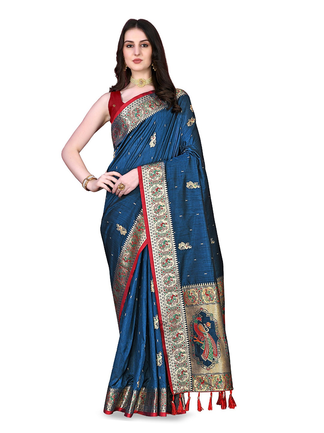 

CLEMIRA Ethnic Motifs Woven Design Zari Saree, Navy blue