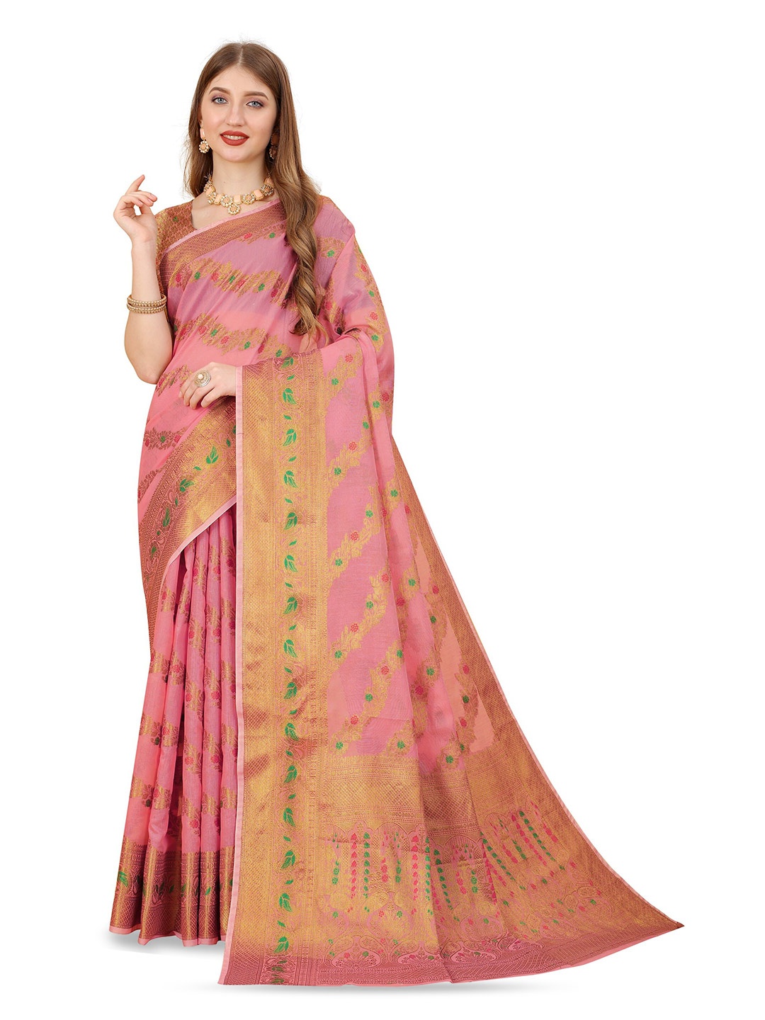 

CLEMIRA Woven Design Zari Saree, Pink