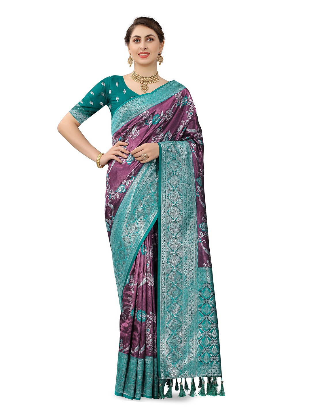 

CLEMIRA Ethnic Motifs Woven Design Zari Silk Blend Saree, Teal