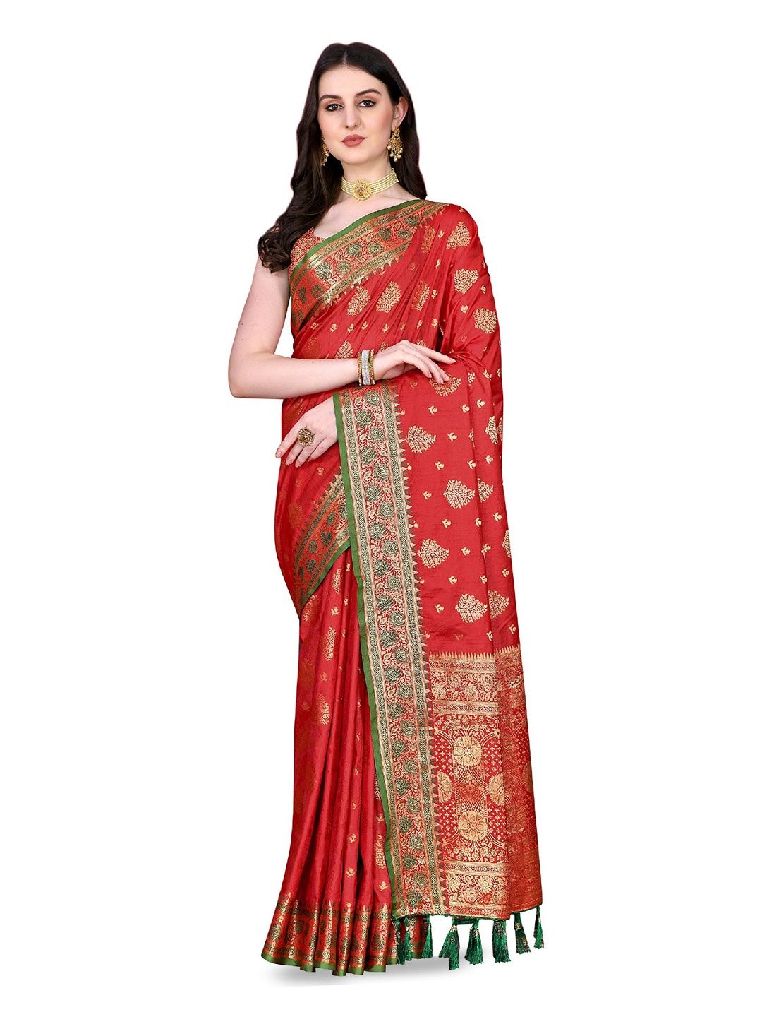 

CLEMIRA Woven Design Zari Saree, Red