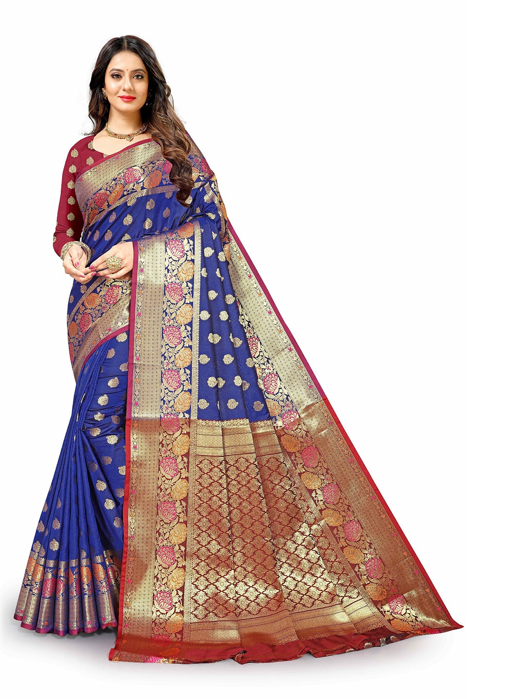 

CLEMIRA Blue & Gold-Toned Woven Design Zari Silk Blend Saree