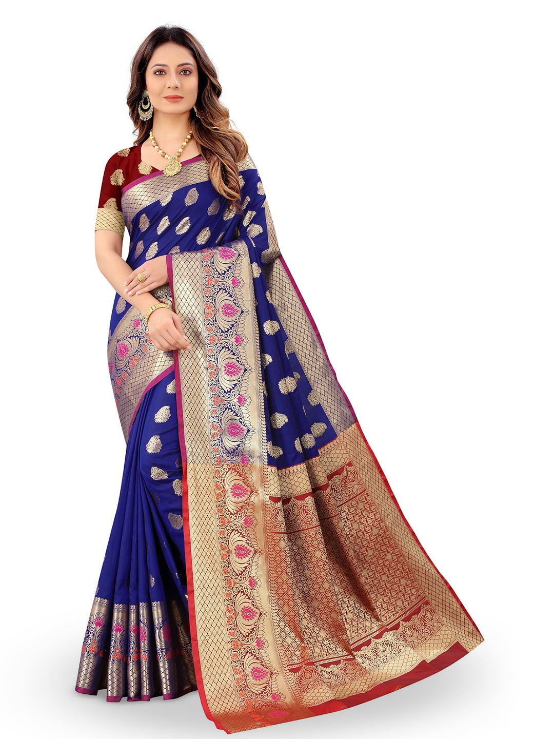 

CLEMIRA Ethnic Motifs Woven Design Zari Silk Blend Saree, Navy blue