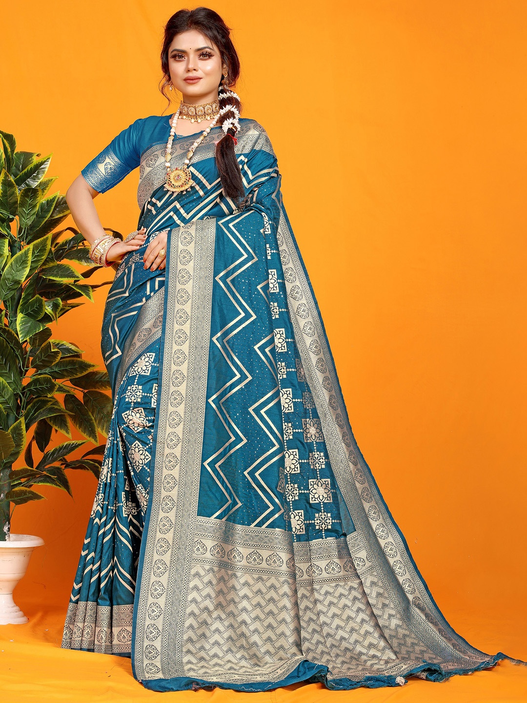

CLEMIRA Ethnic Motifs Woven Design Zari Saree, Turquoise blue