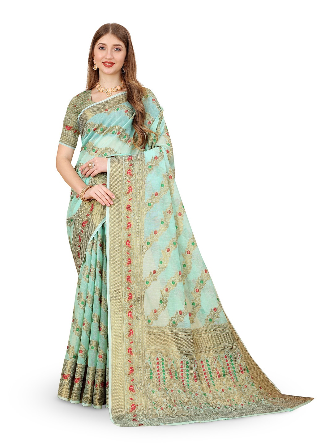 

CLEMIRA Floral Woven Design Zari Saree, Turquoise blue