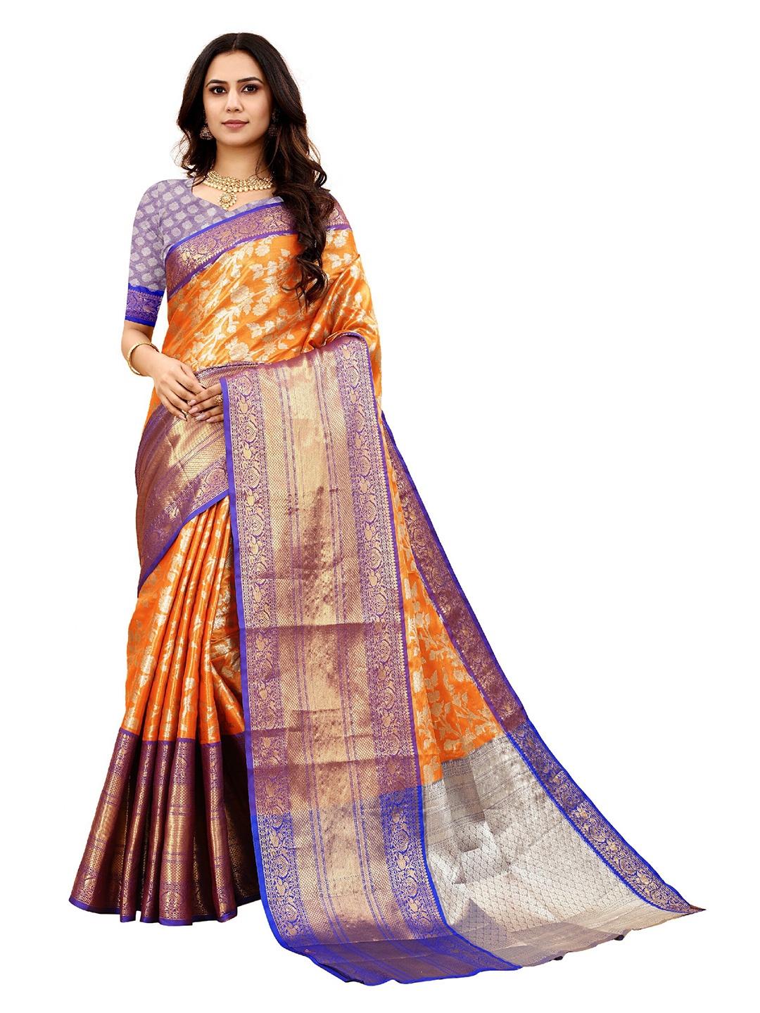 

CLEMIRA Floral Woven Design Zari Saree, Orange