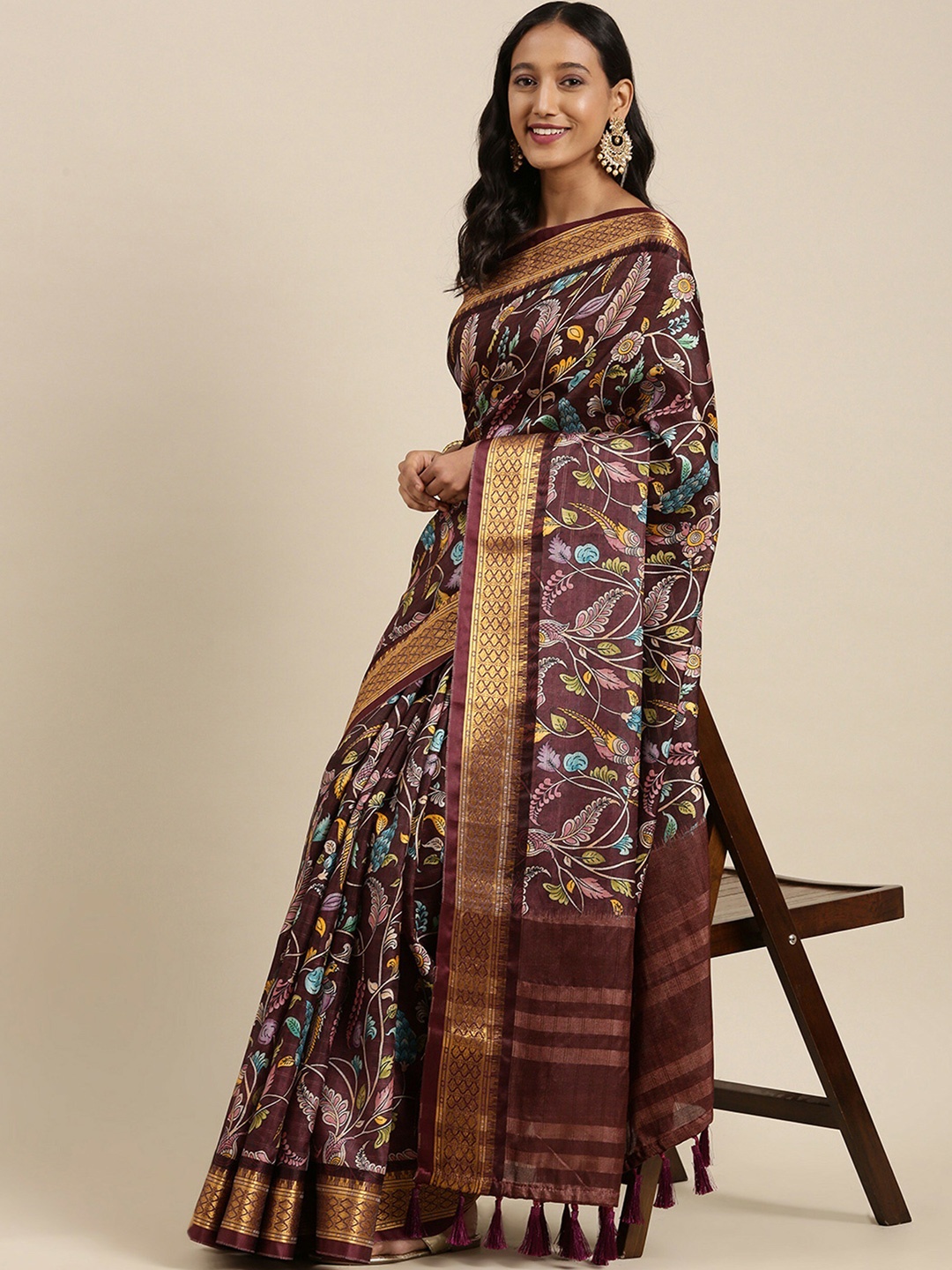 

CLEMIRA Floral Printed Zari Saree, Coffee brown