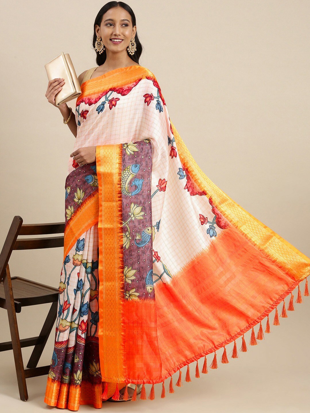 

CLEMIRA Floral Printed Zari Saree, Orange