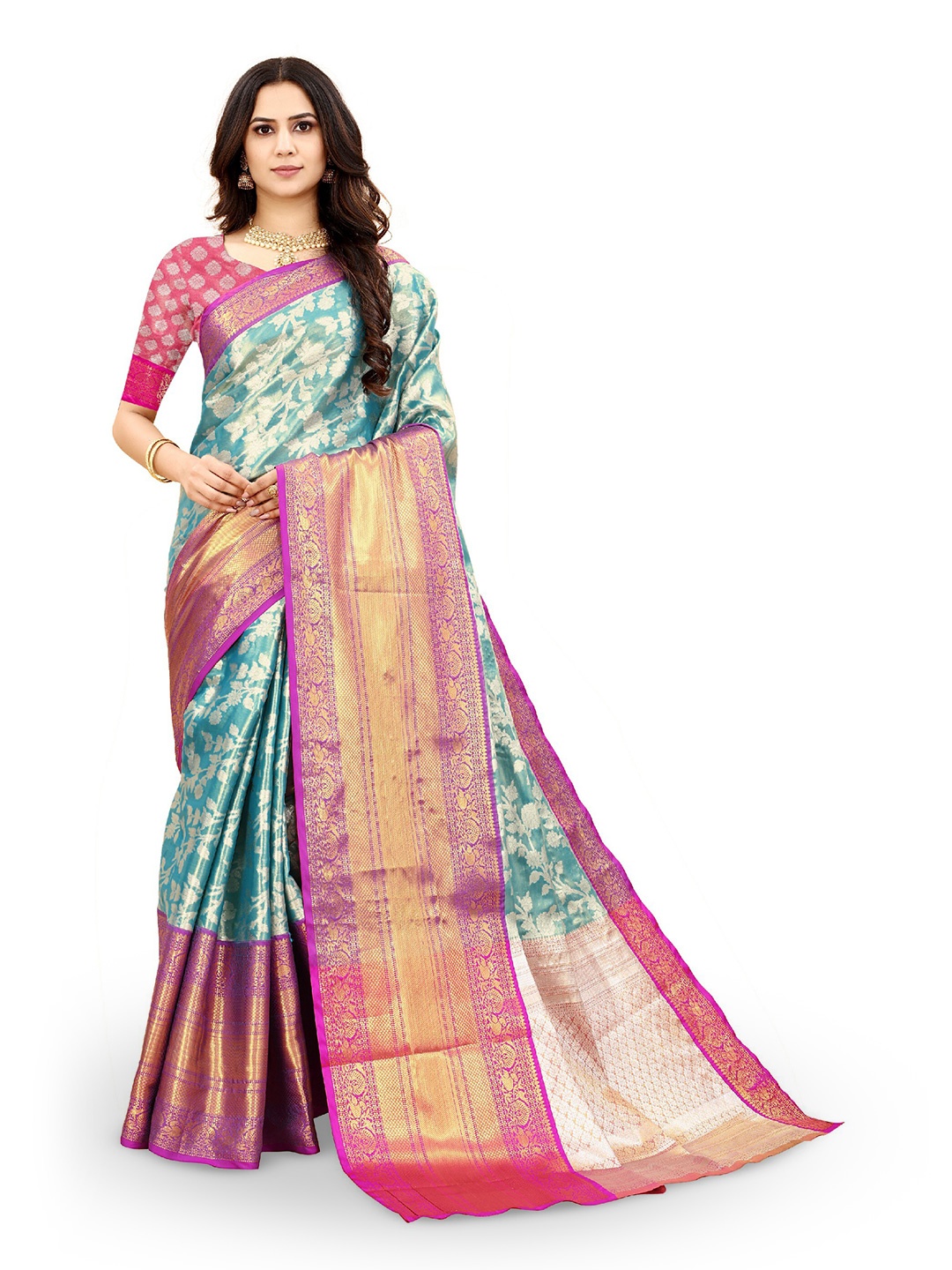 

CLEMIRA Floral Printed Woven Design Zari Silk Blend Saree, Turquoise blue