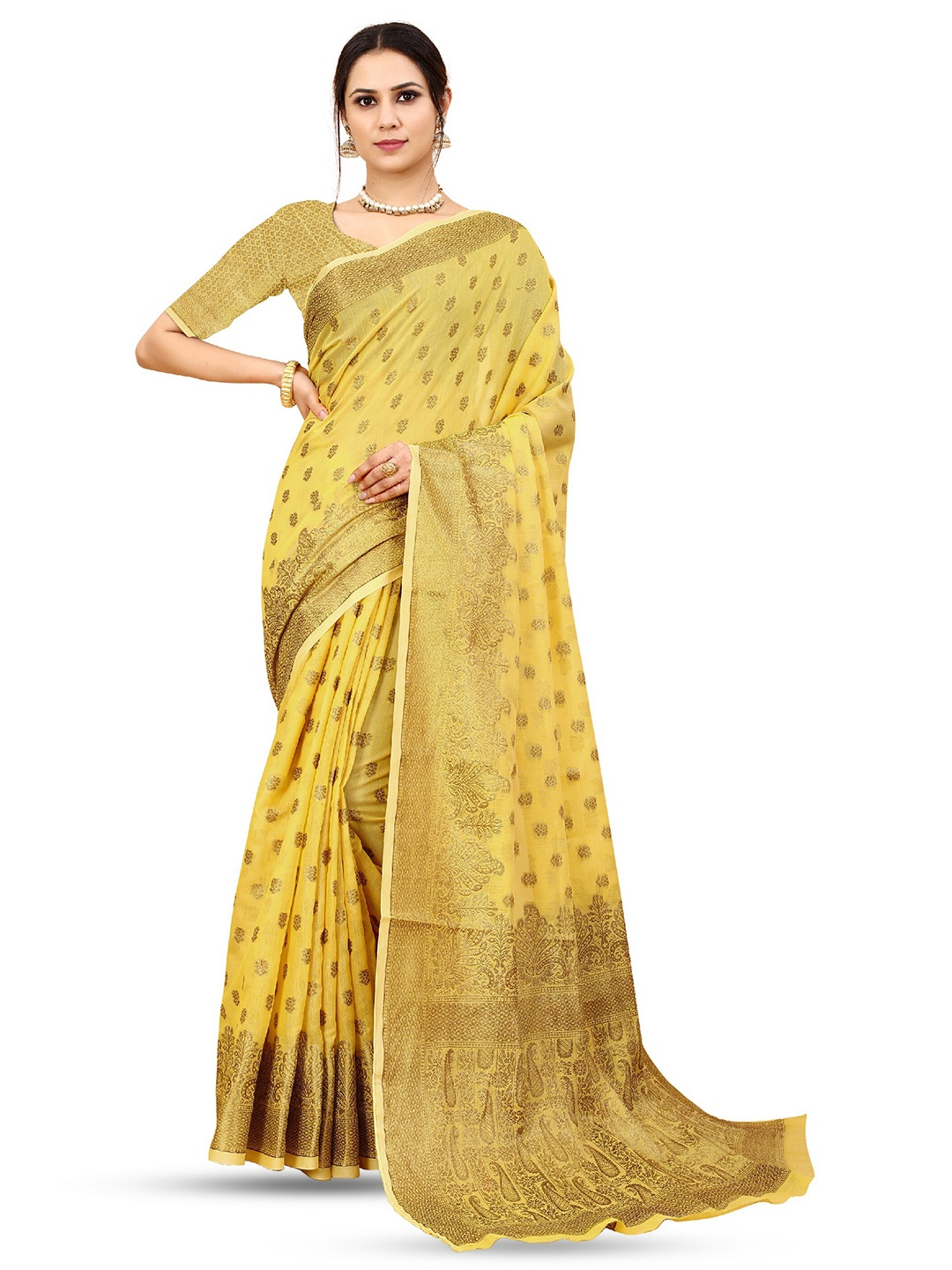 

CLEMIRA Woven Design Zari Saree, Yellow