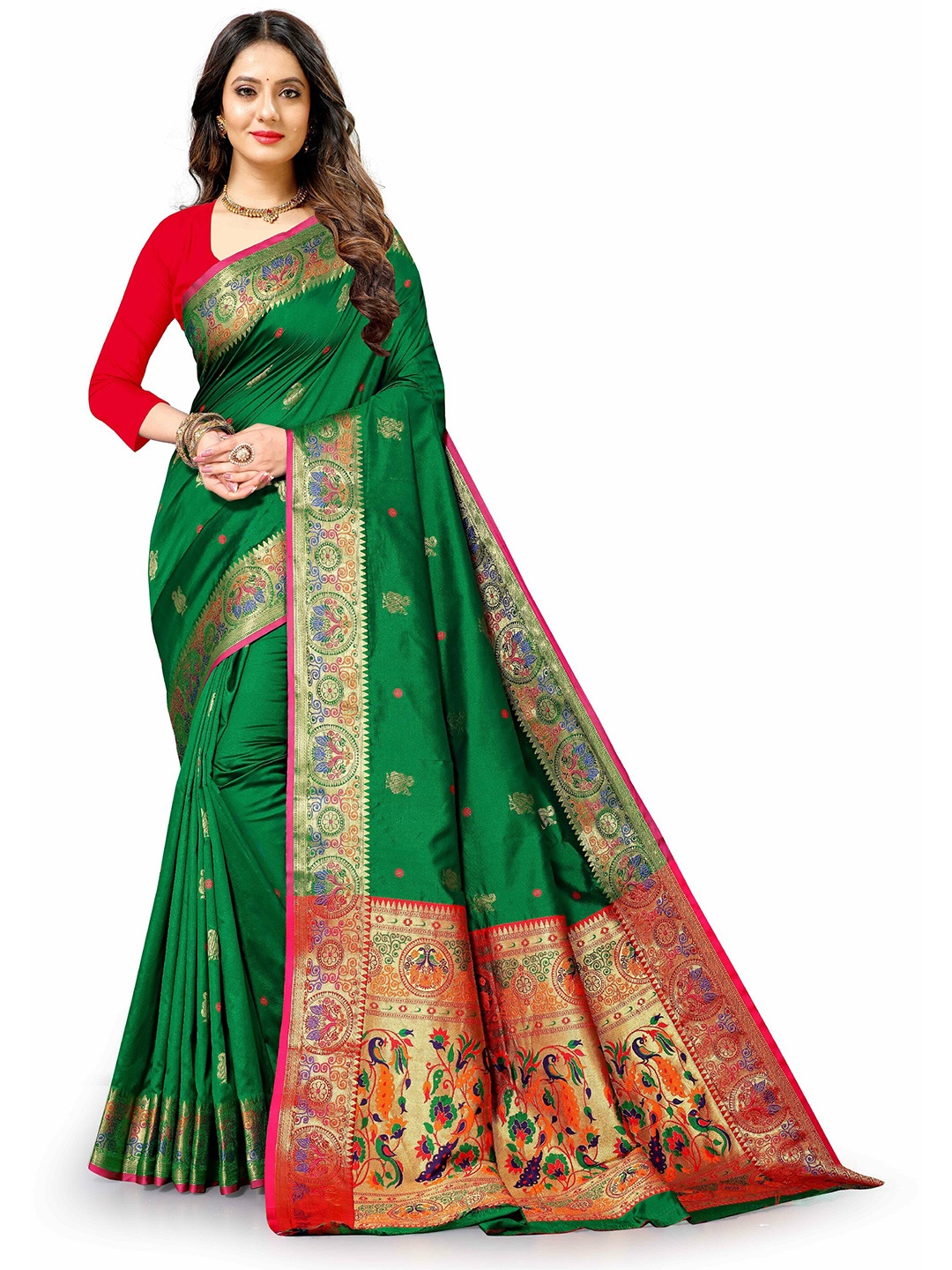 

CLEMIRA Zari Silk Blend Saree, Green