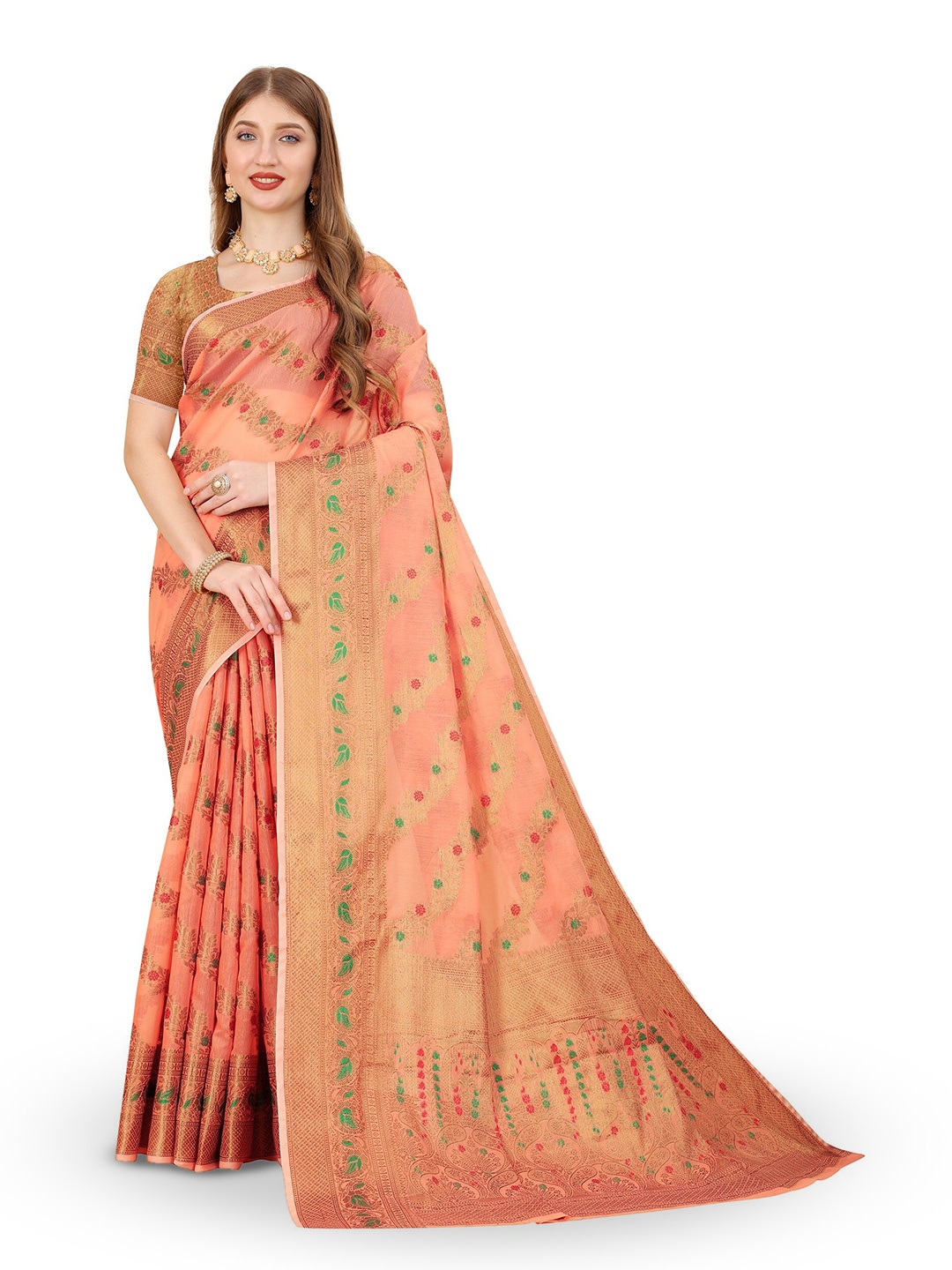 

CLEMIRA Floral Woven Design Zari Saree, Peach